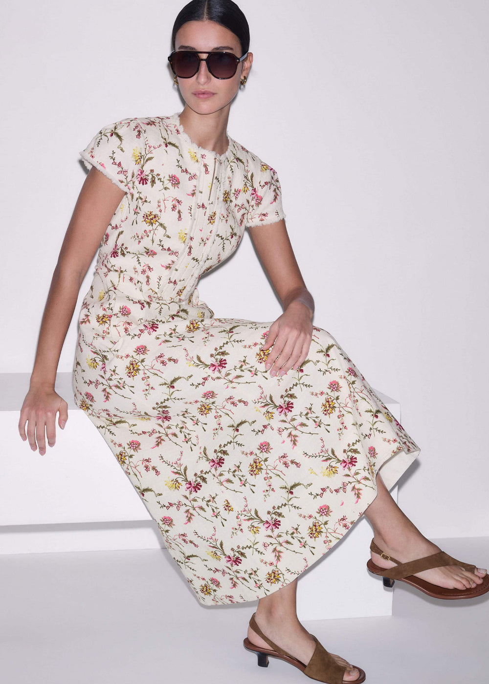 Cream Wild Spring Floral Print Fit + Flare Midi Dress