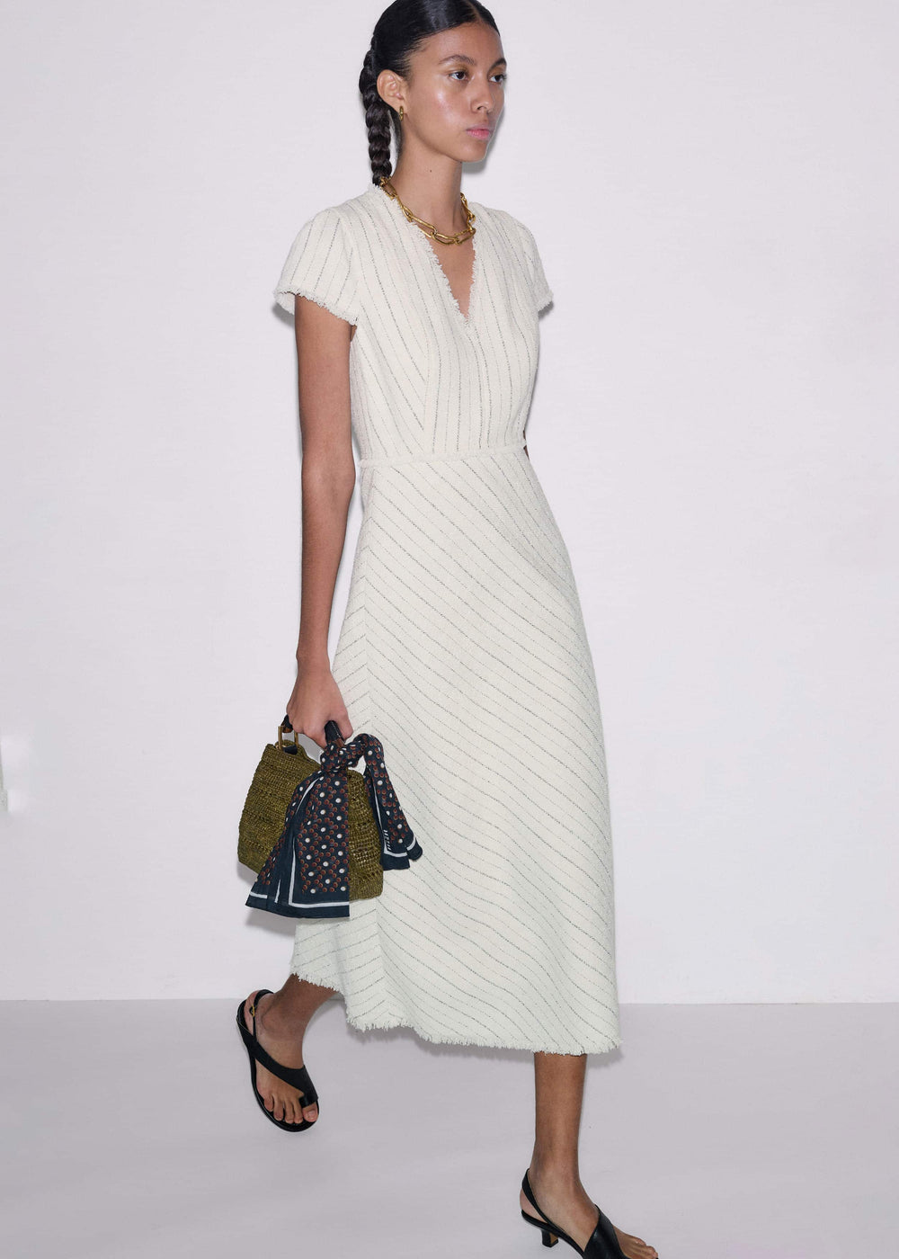 Ivory Striped Fit + Flare Midi Dress