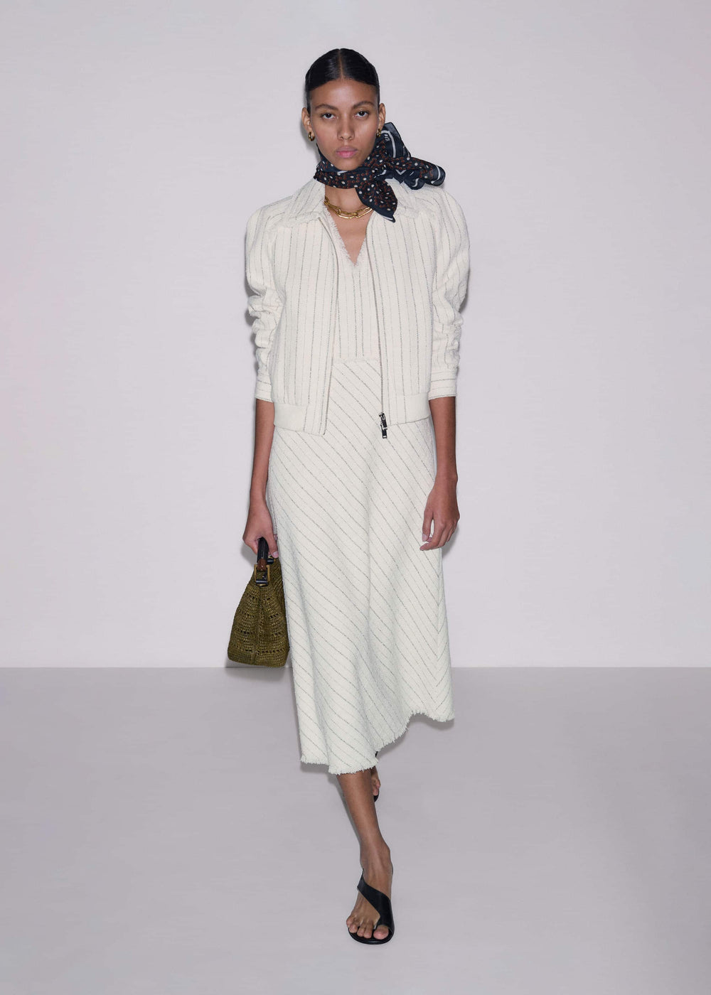 Ivory Striped Fit + Flare Midi Dress