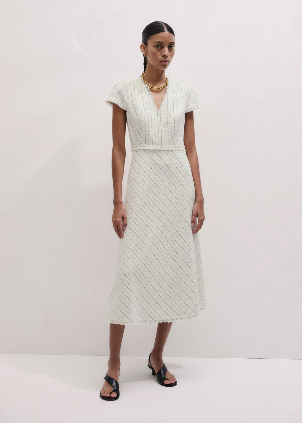 Ivory Striped Fit + Flare Midi Dress