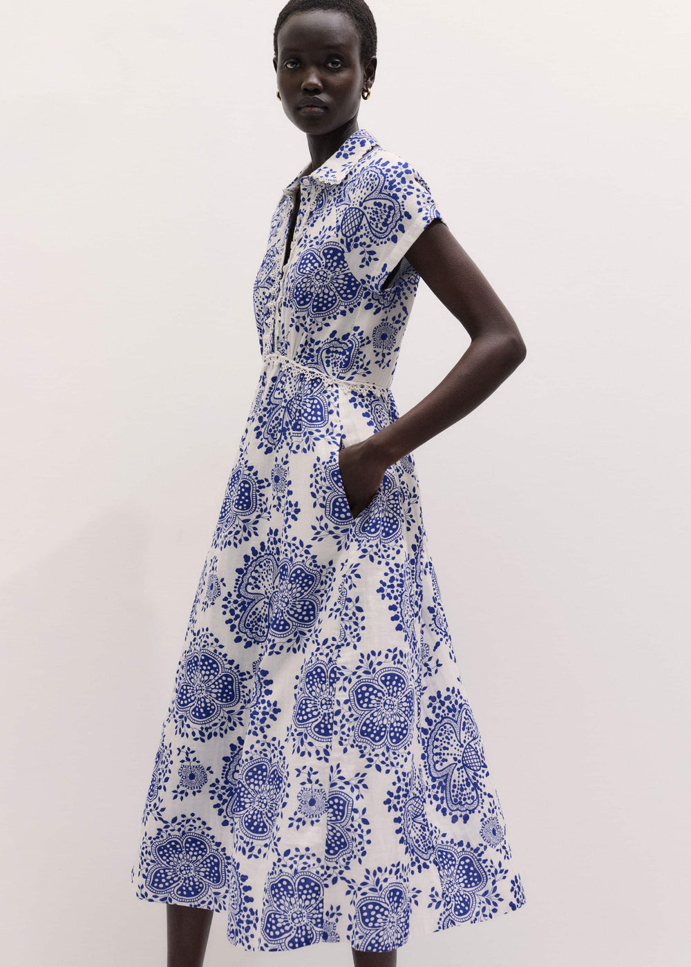 White Cheesecloth Fit + Flare In-Full-Bloom Print Midi Dress