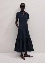 Navy Cotton Seersucker Fit + Flare Midi Dress
