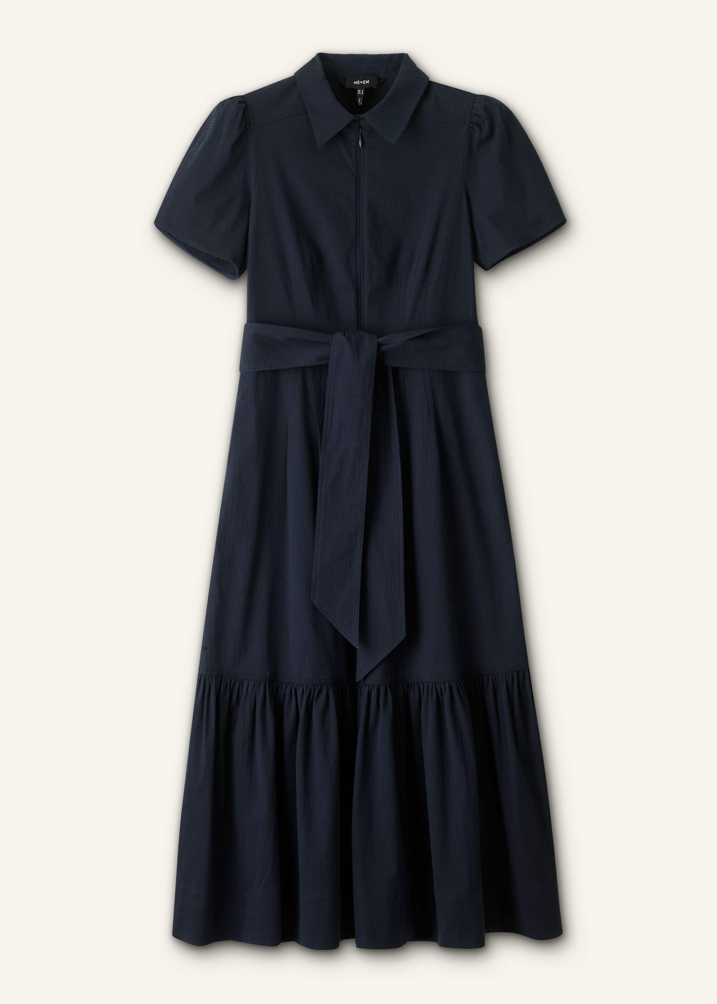 Navy Cotton Seersucker Fit + Flare Midi Dress