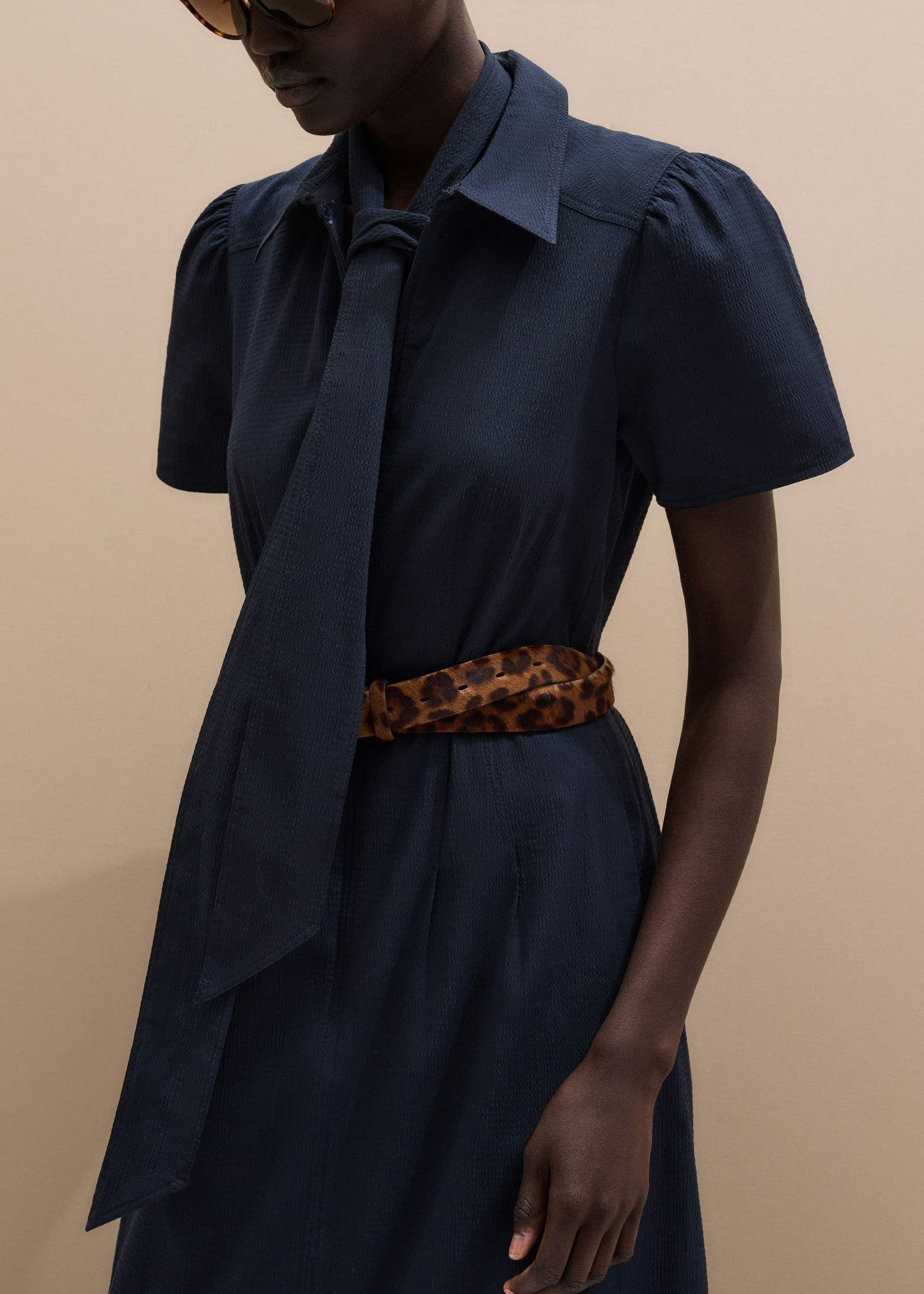 Navy Cotton Seersucker Fit + Flare Midi Dress