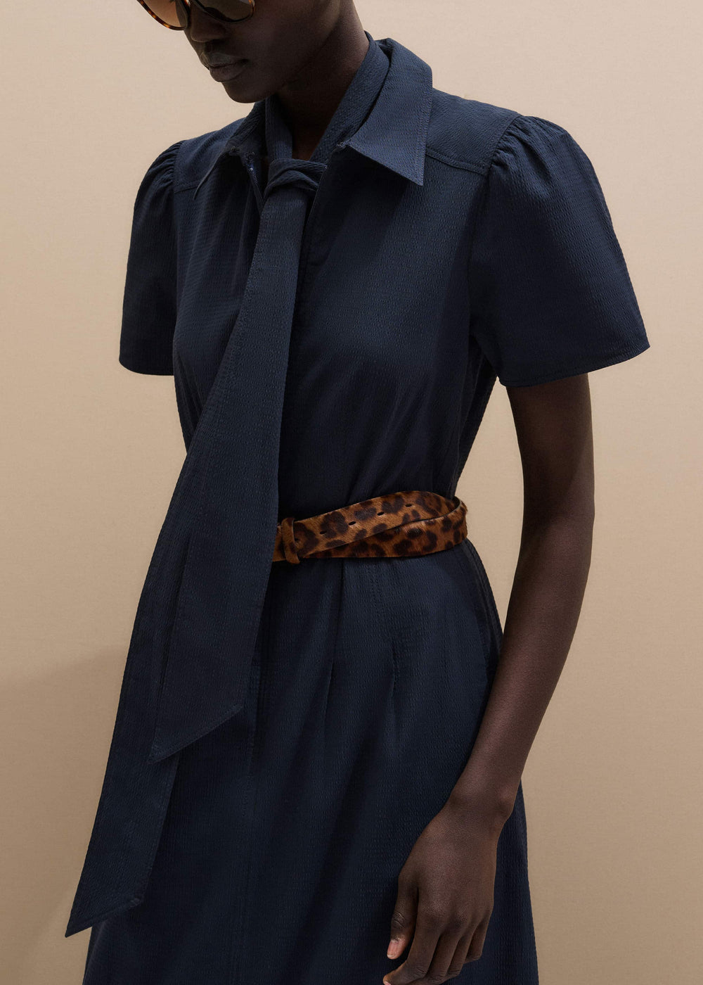 Navy Cotton Seersucker Fit + Flare Midi Dress