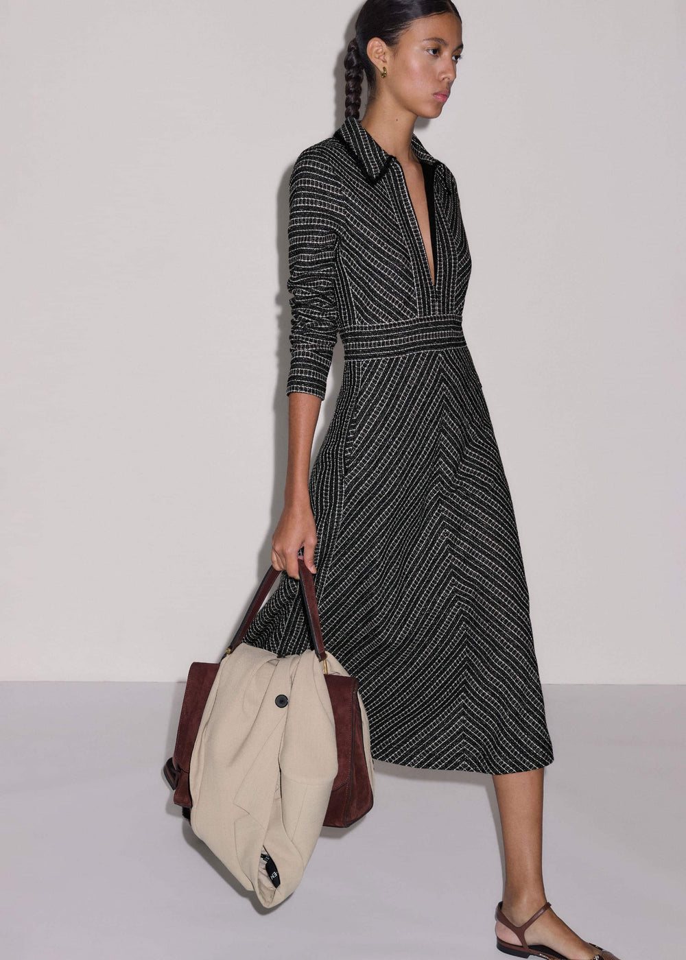 Black Stripe Tweed Midi Dress