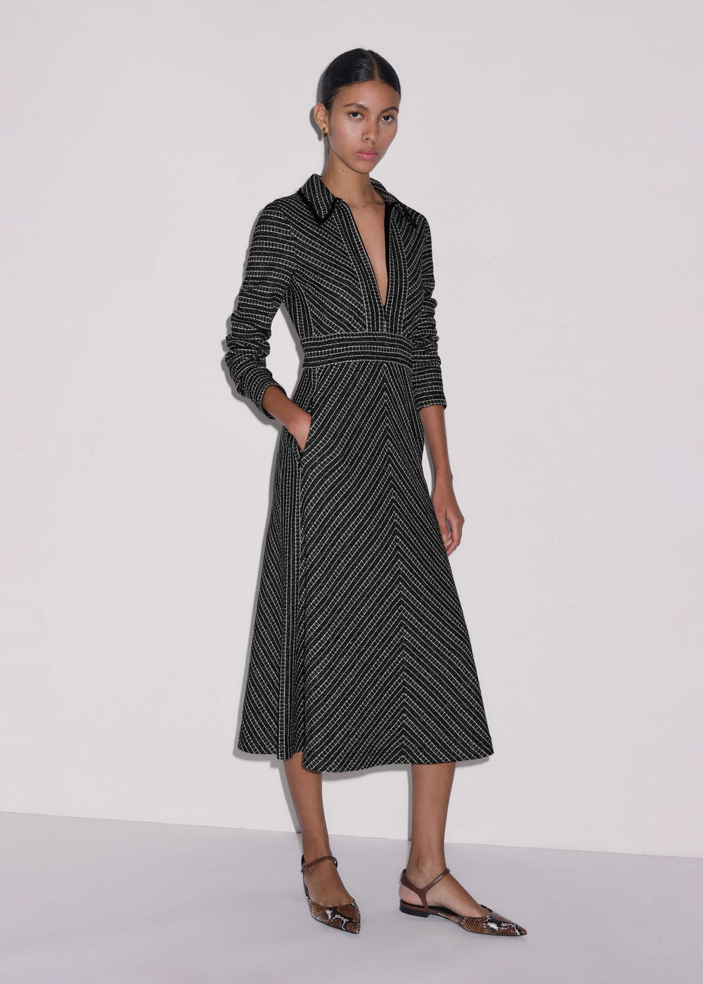 Black Stripe Tweed Midi Dress
