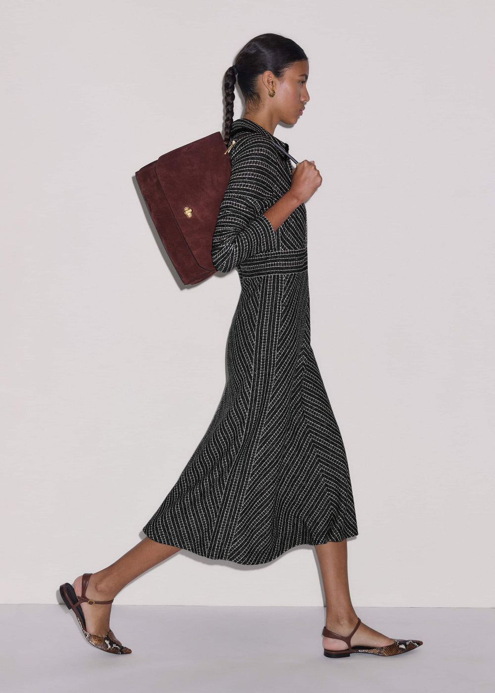 Black Stripe Tweed Midi Dress