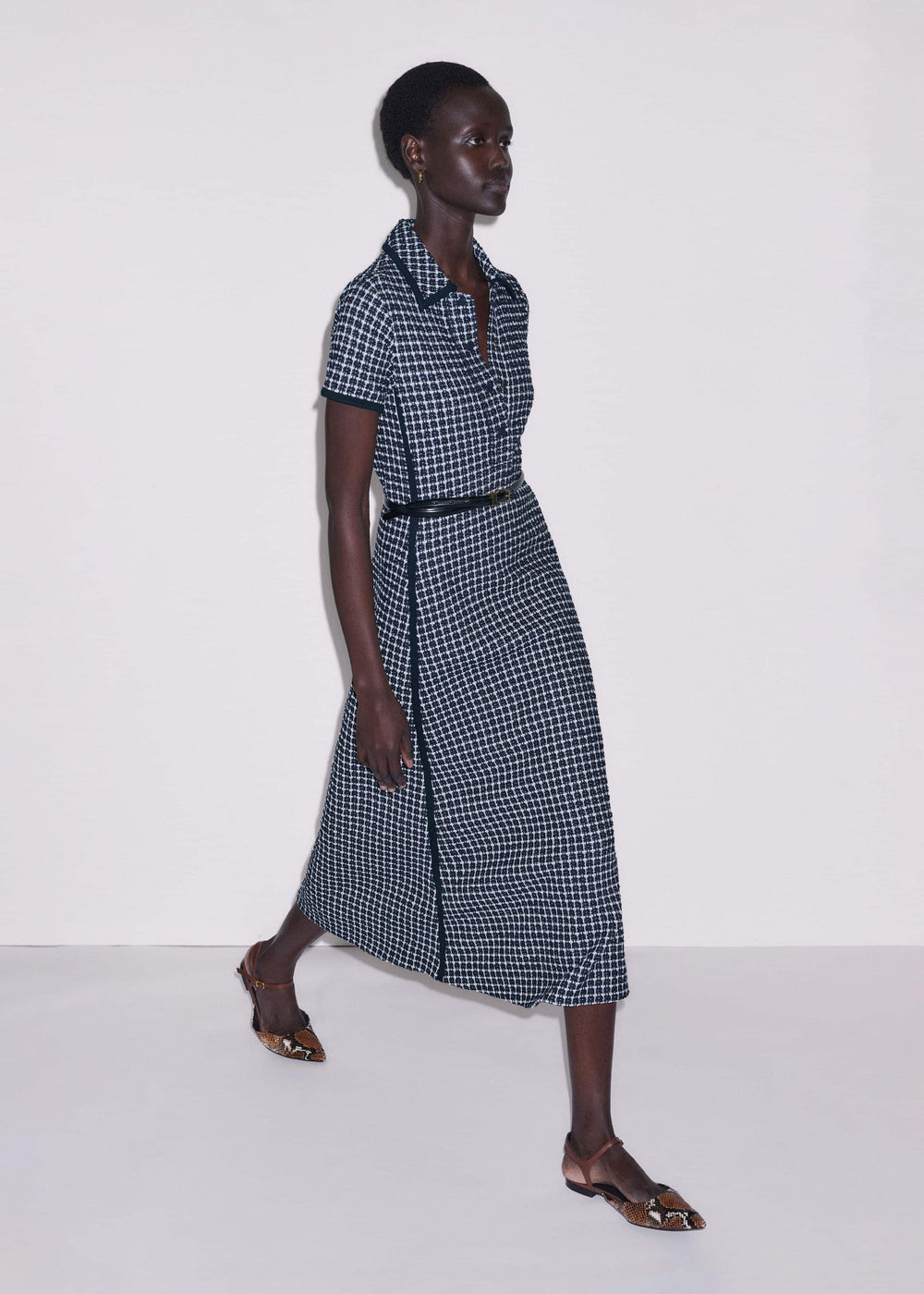 Navy Textured Midi Dress + Belt