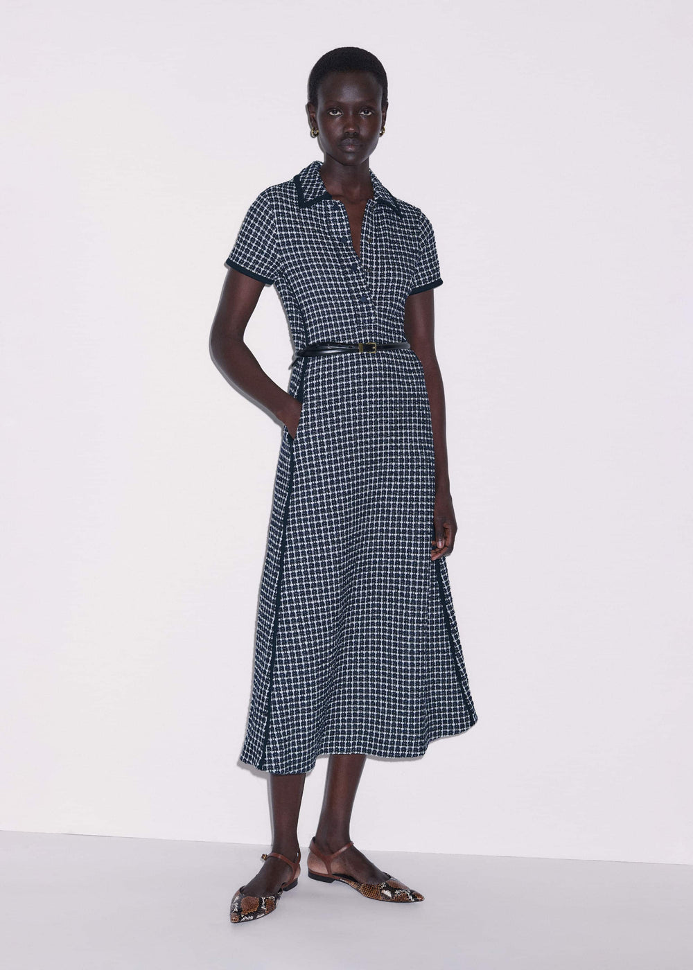 Navy Textured Midi Dress + Belt