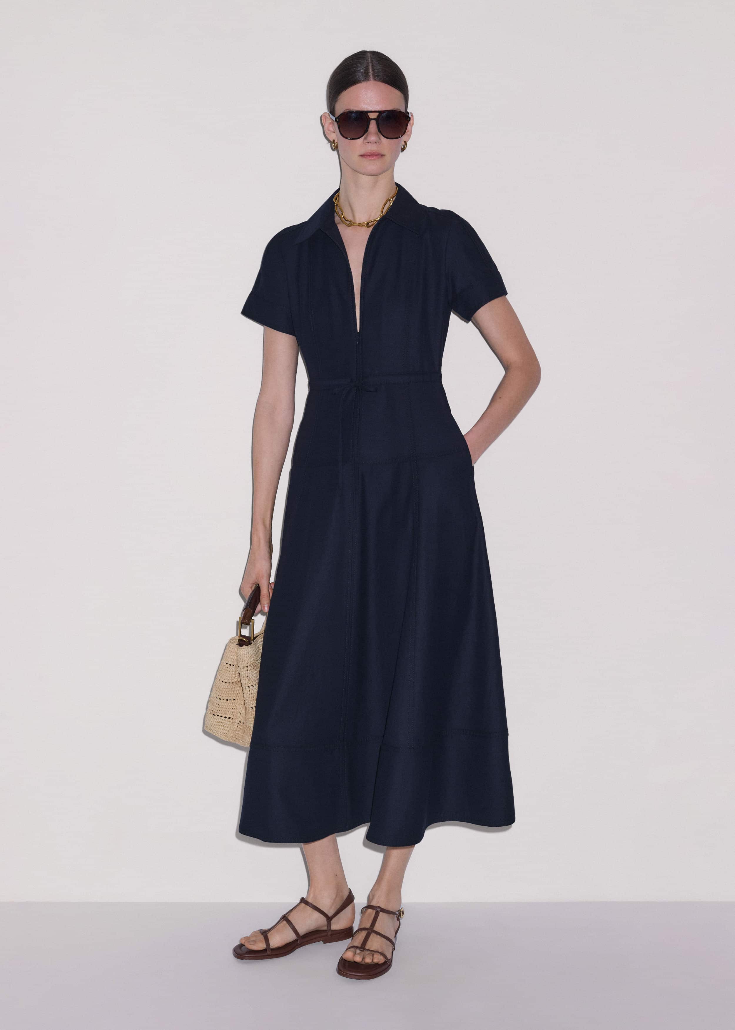 Navy Fit + Flare Shirt Midi Dress