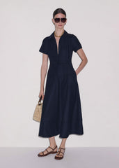 Navy Fit + Flare Shirt Midi Dress