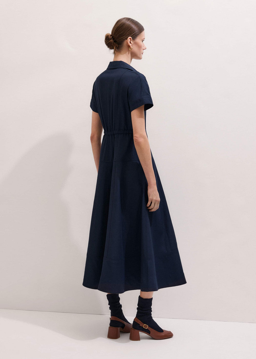 Navy Fit + Flare Shirt Midi Dress