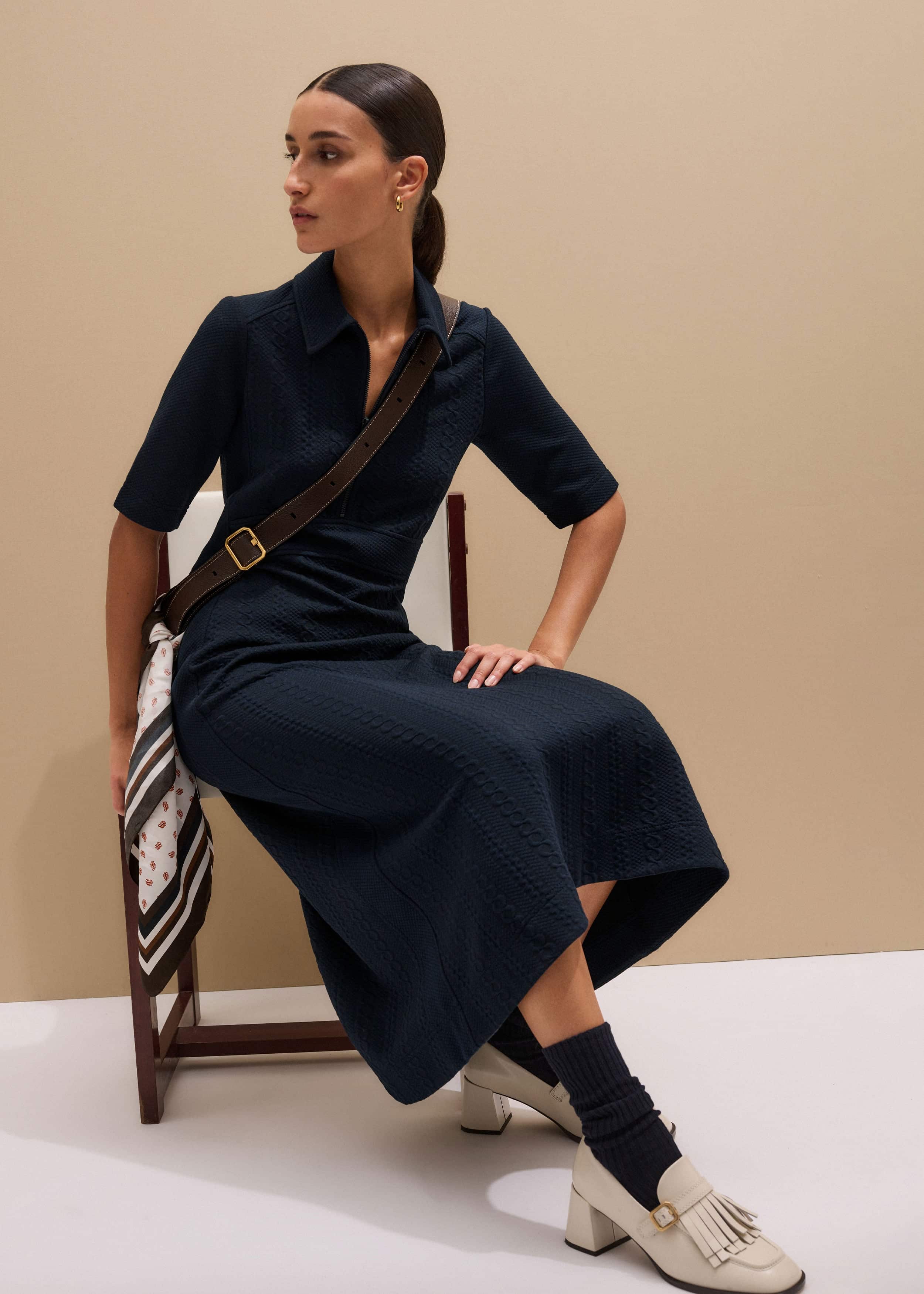 Navy Cable Jacquard Half-Zip Midi Dress