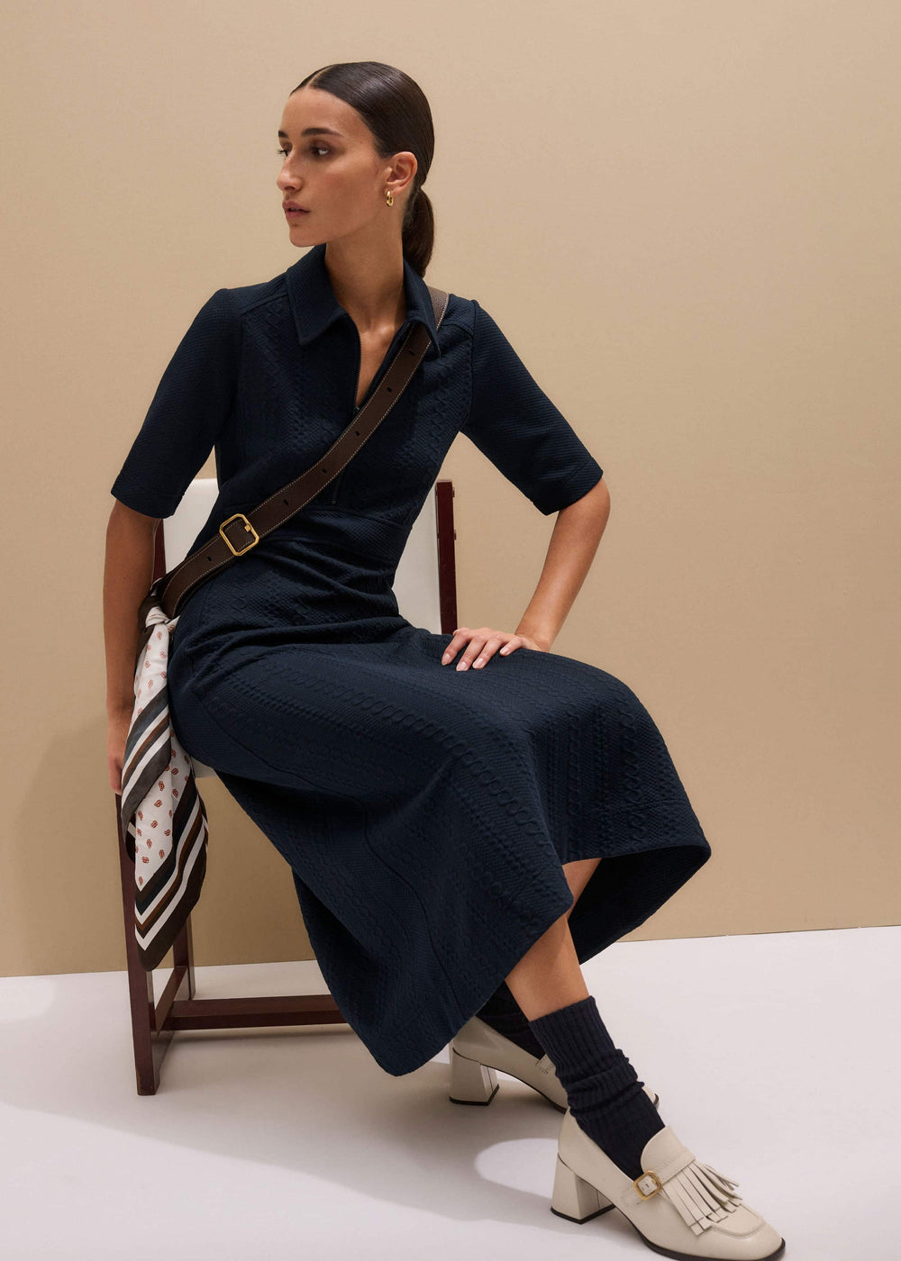 Navy Cable Jacquard Half-Zip Midi Dress