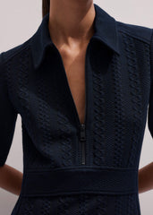 Navy Cable Jacquard Half-Zip Midi Dress