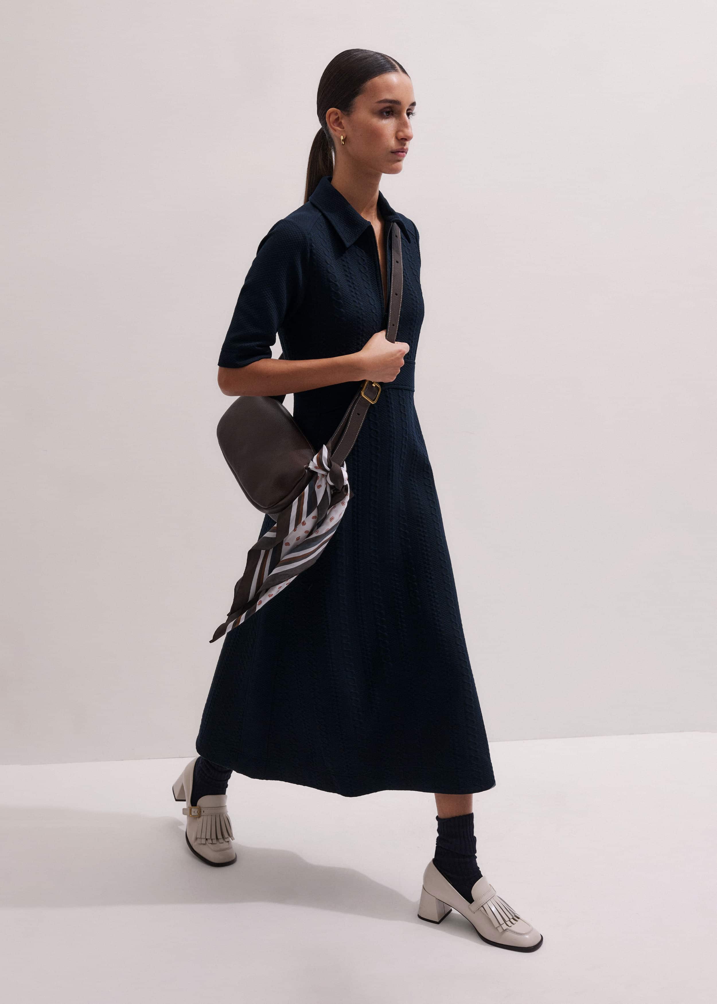 Navy Cable Jacquard Half-Zip Midi Dress