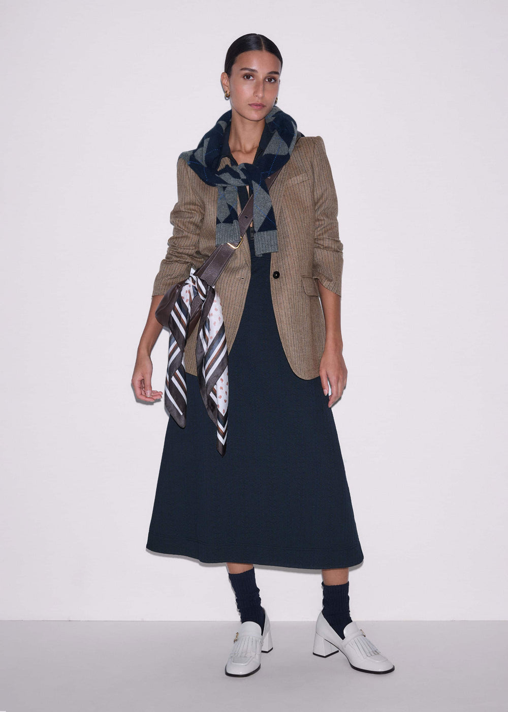 Navy Cable Jacquard Half-Zip Midi Dress