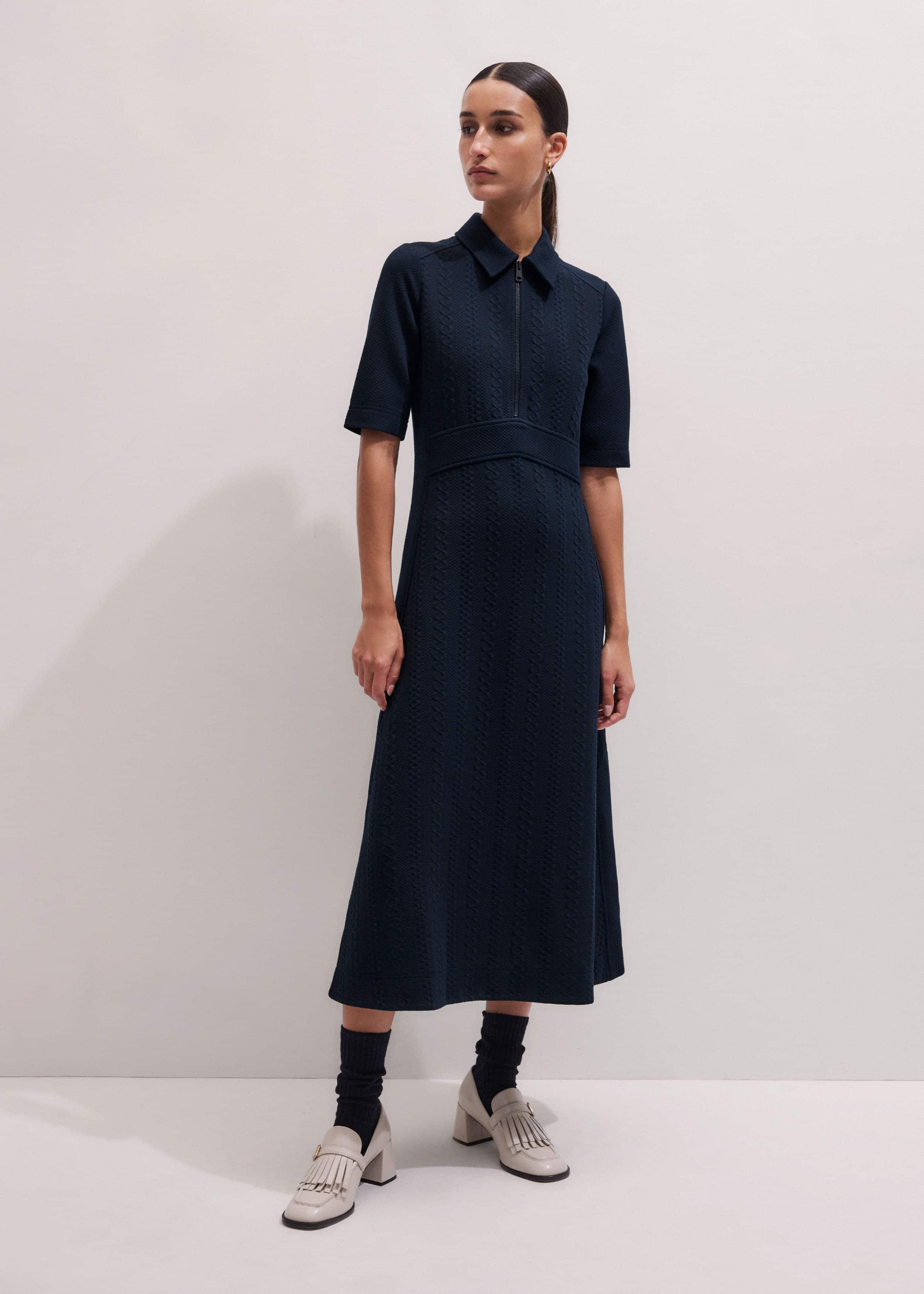 Navy Cable Jacquard Half-Zip Midi Dress