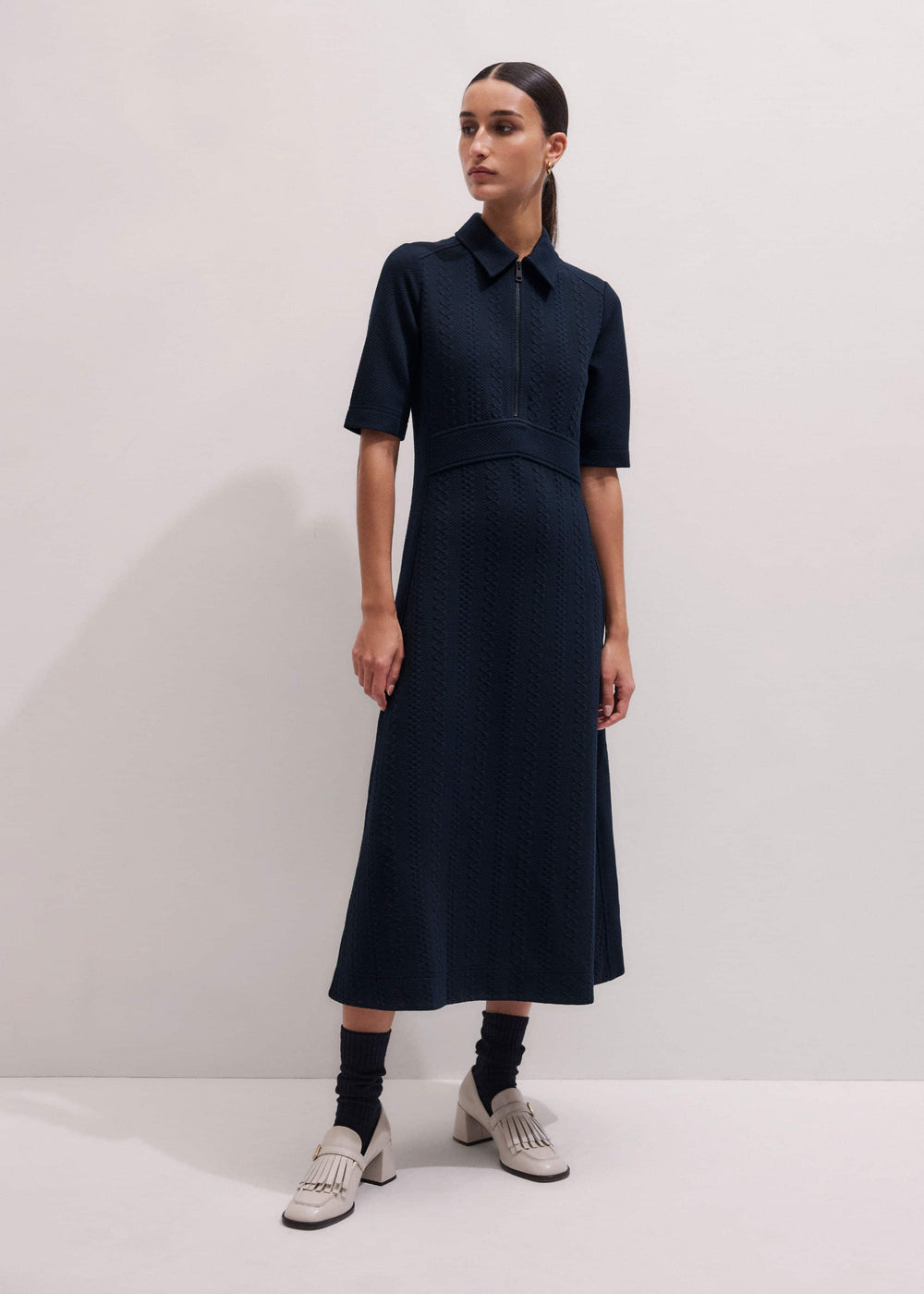 Navy Cable Jacquard Half-Zip Midi Dress