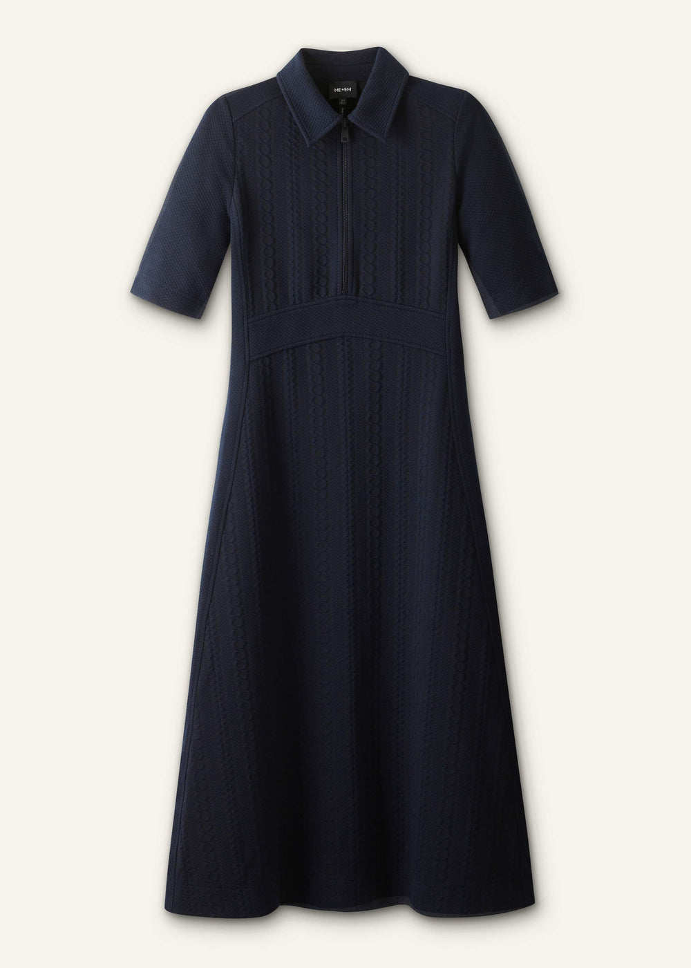 Navy Cable Jacquard Half-Zip Midi Dress