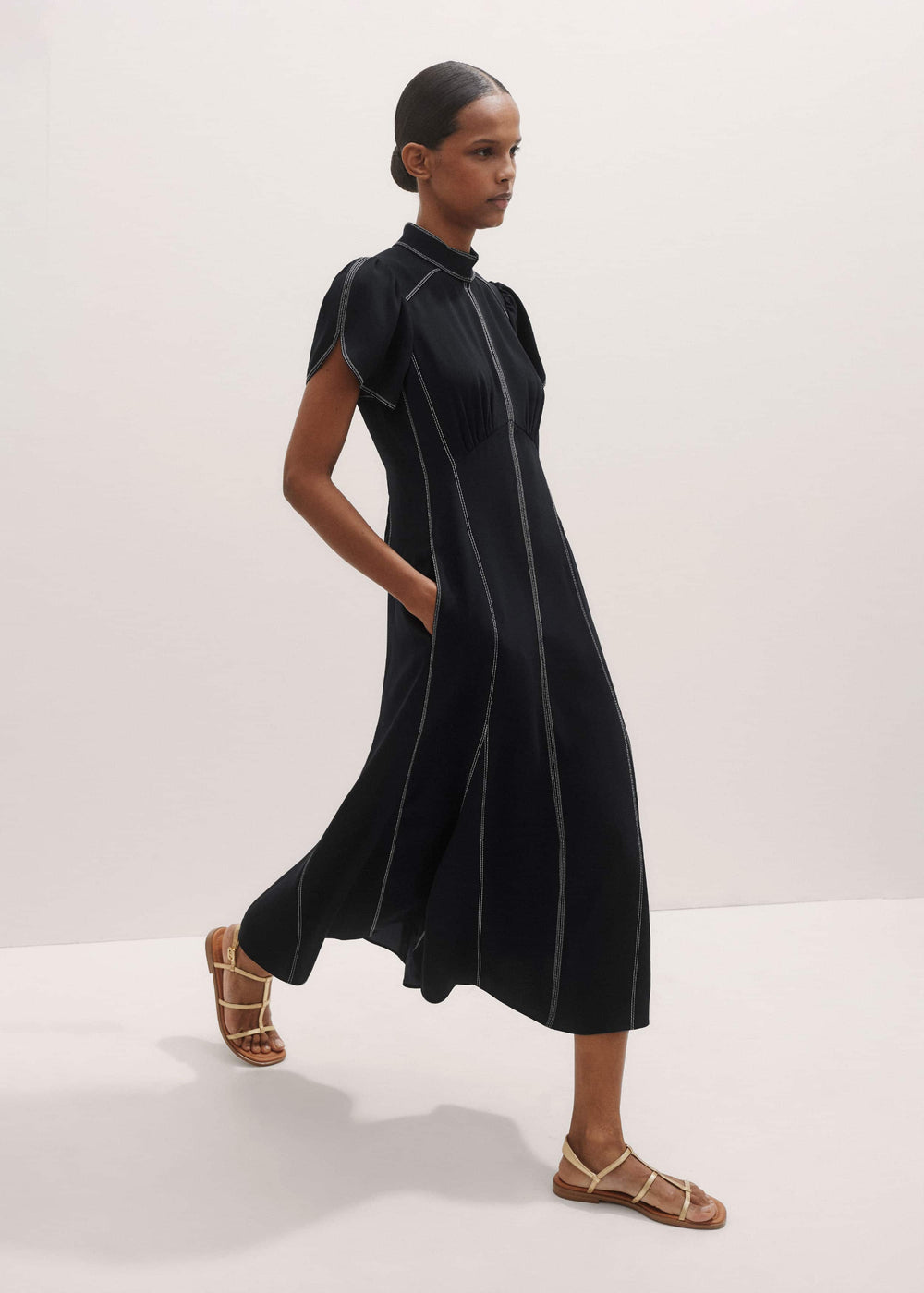 Black Contrast Stitch Midi Dress