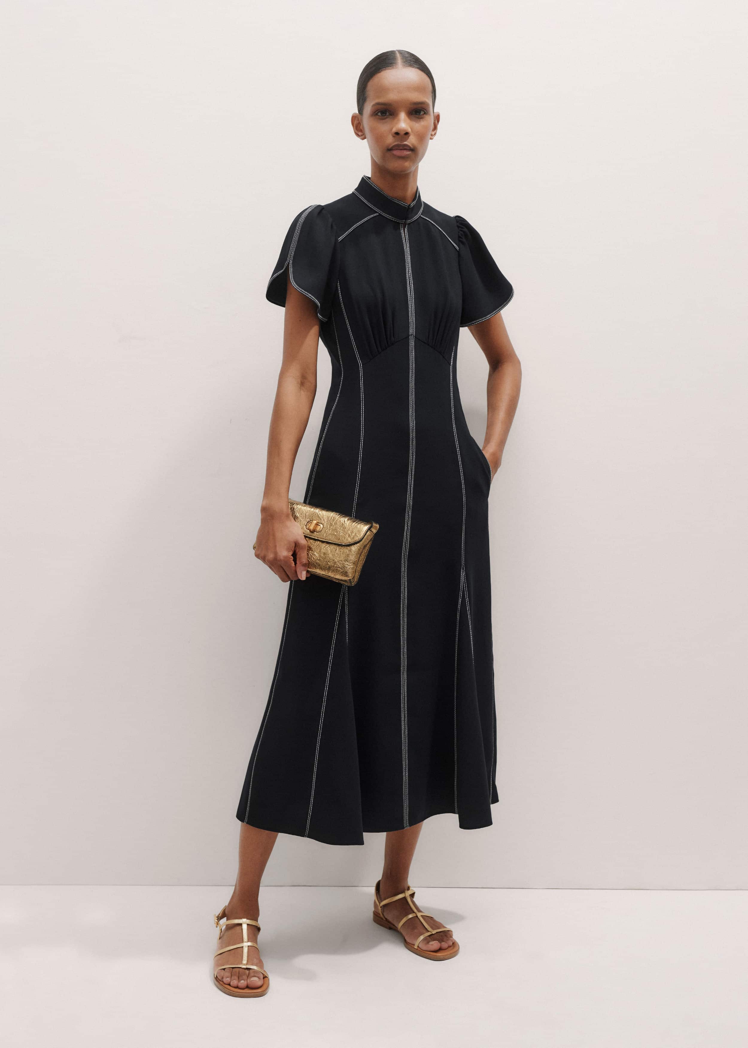 Black Contrast Stitch Midi Dress