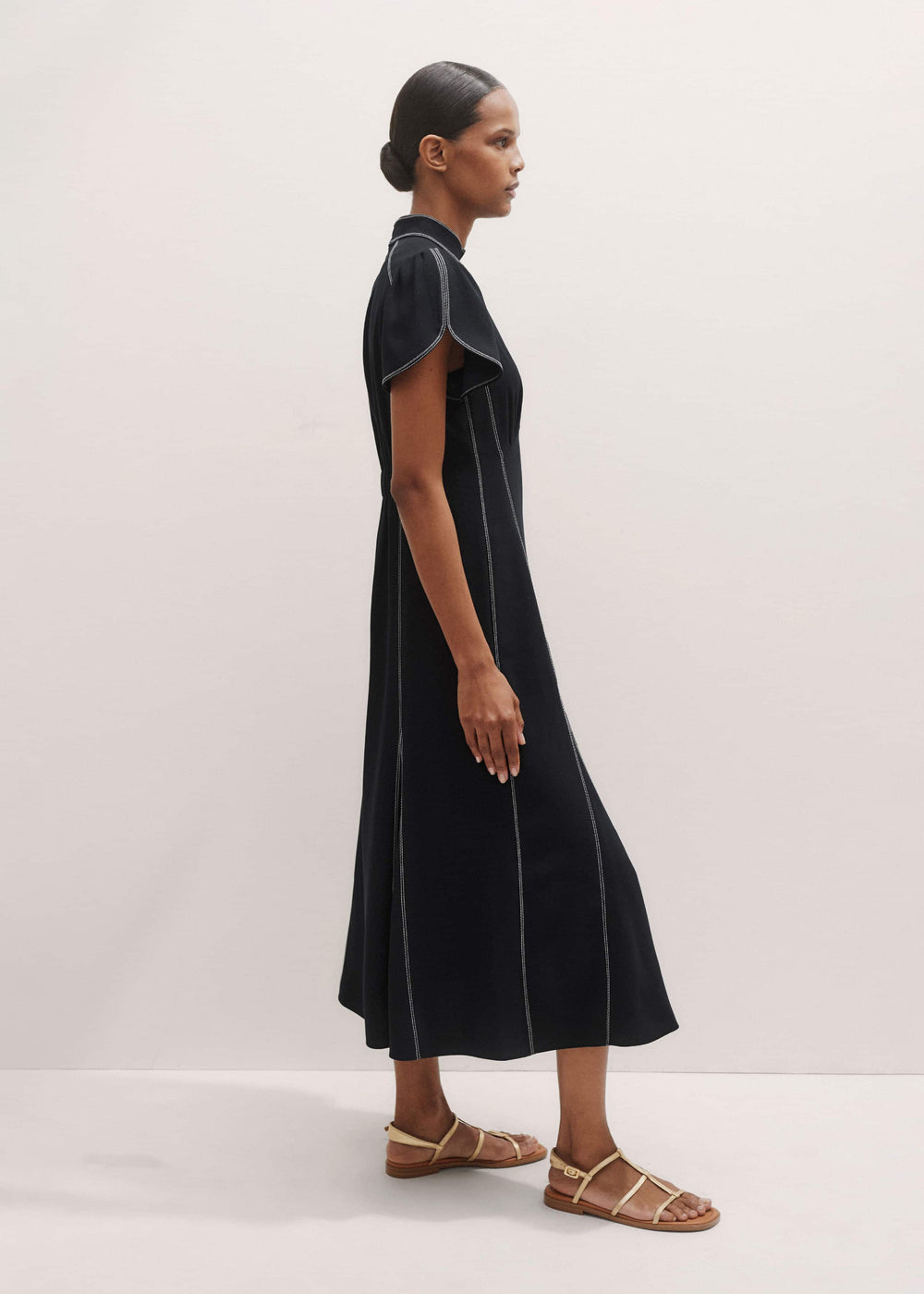 Black Contrast Stitch Midi Dress