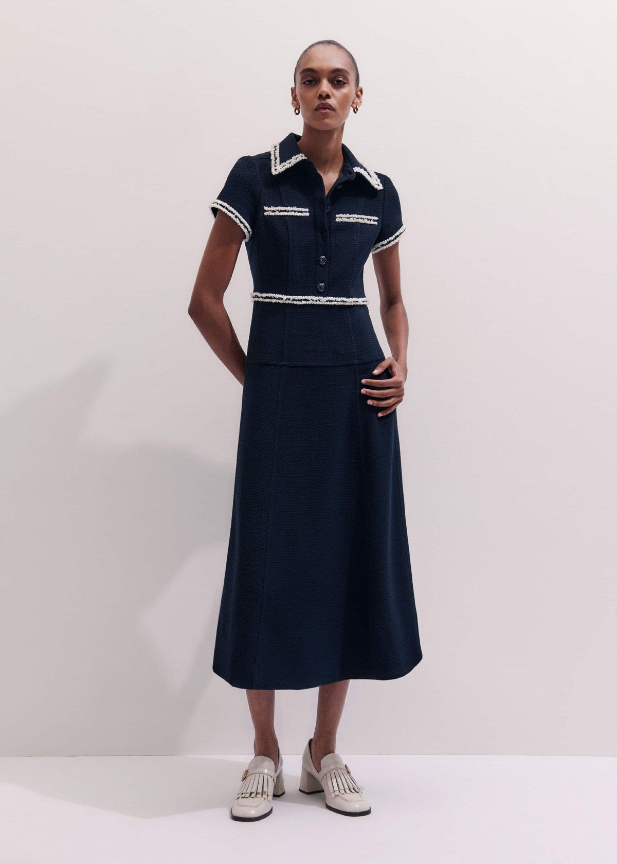Navy Fit + Flare Fray Trim Midi Dress