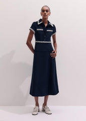 Navy Fit + Flare Fray Trim Midi Dress