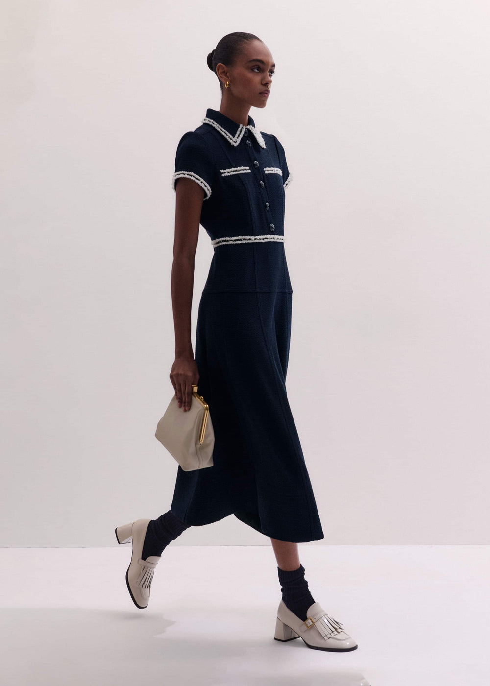 Navy Fit + Flare Fray Trim Midi Dress