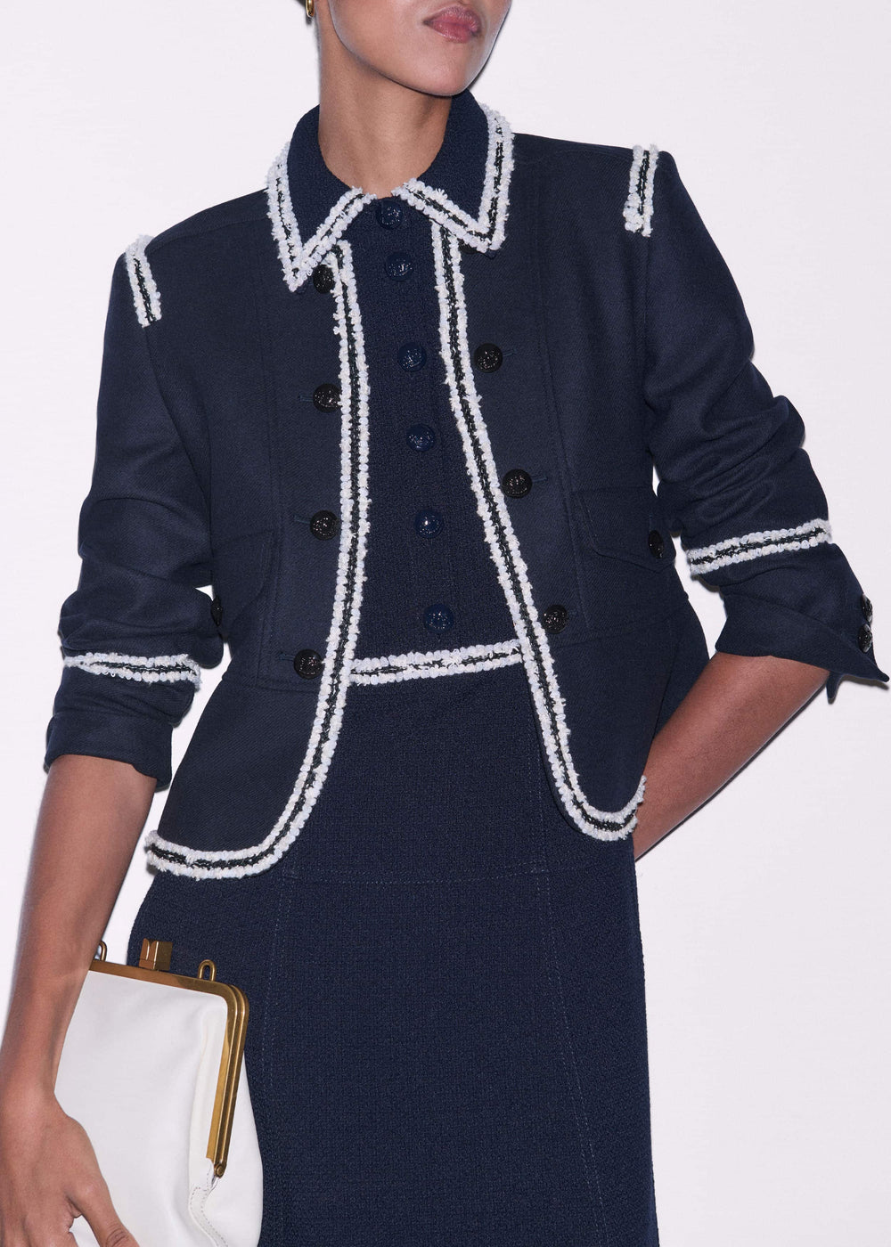 Navy Fit + Flare Fray Trim Midi Dress