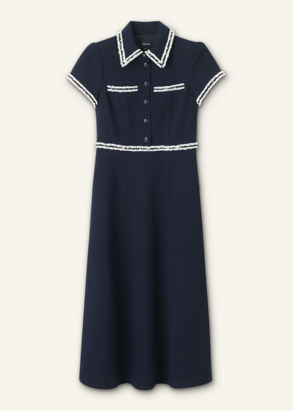 Navy Fit + Flare Fray Trim Midi Dress