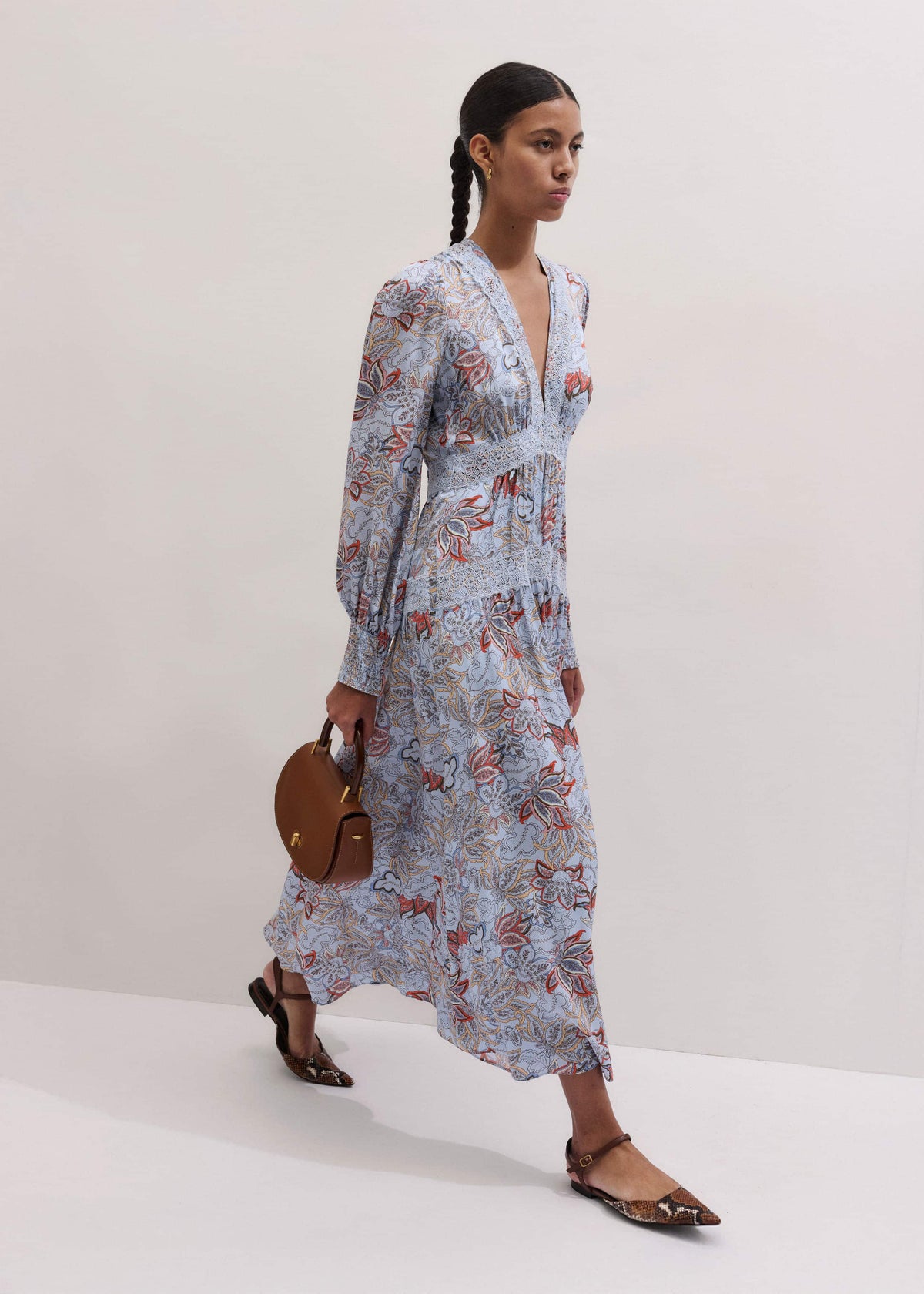 Blue Silk Delicate Paisley Print Fit + Flare Maxi Dress