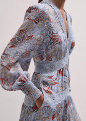 Blue Silk Delicate Paisley Print Fit + Flare Maxi Dress