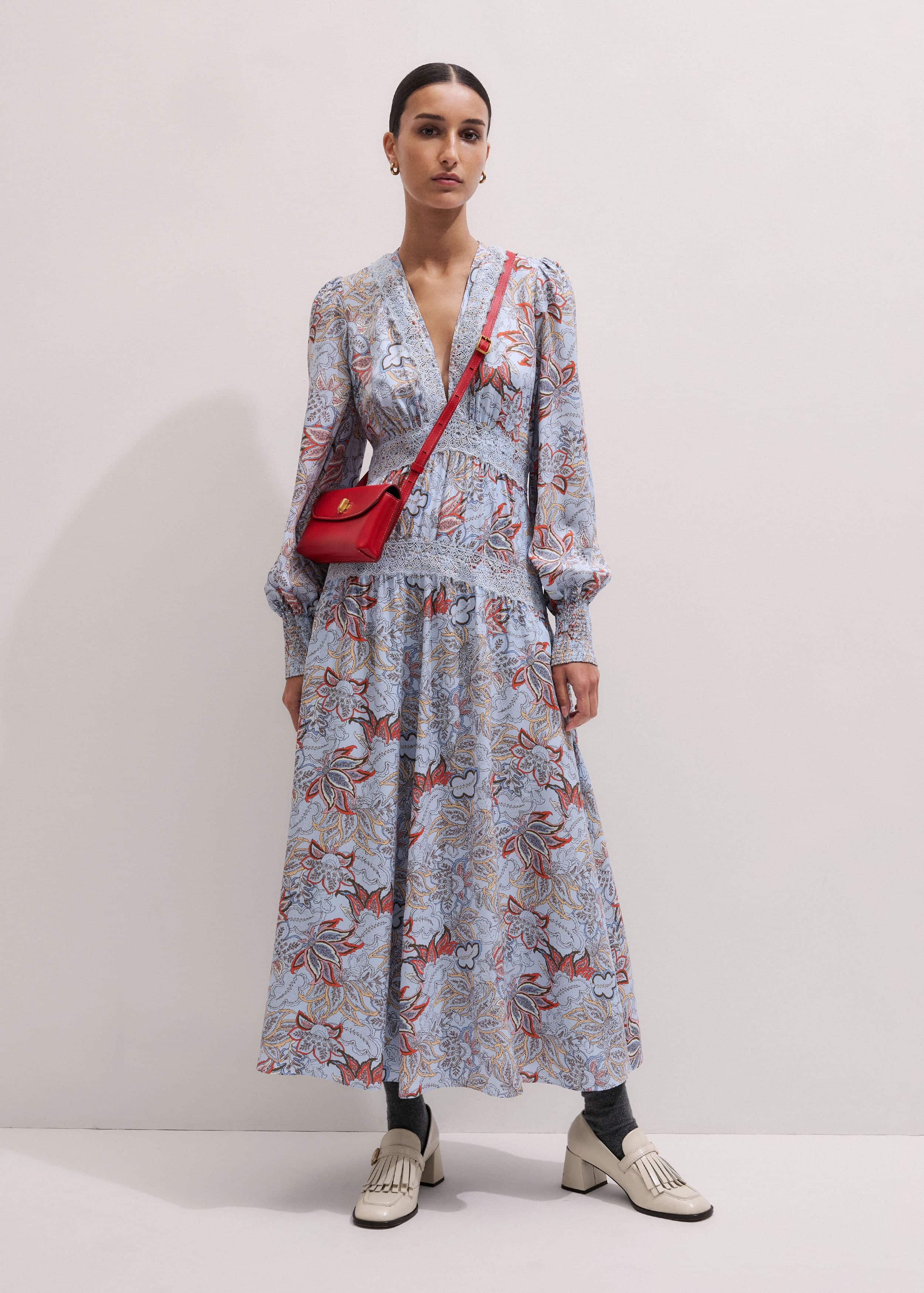 Blue Silk Delicate Paisley Print Fit + Flare Maxi Dress