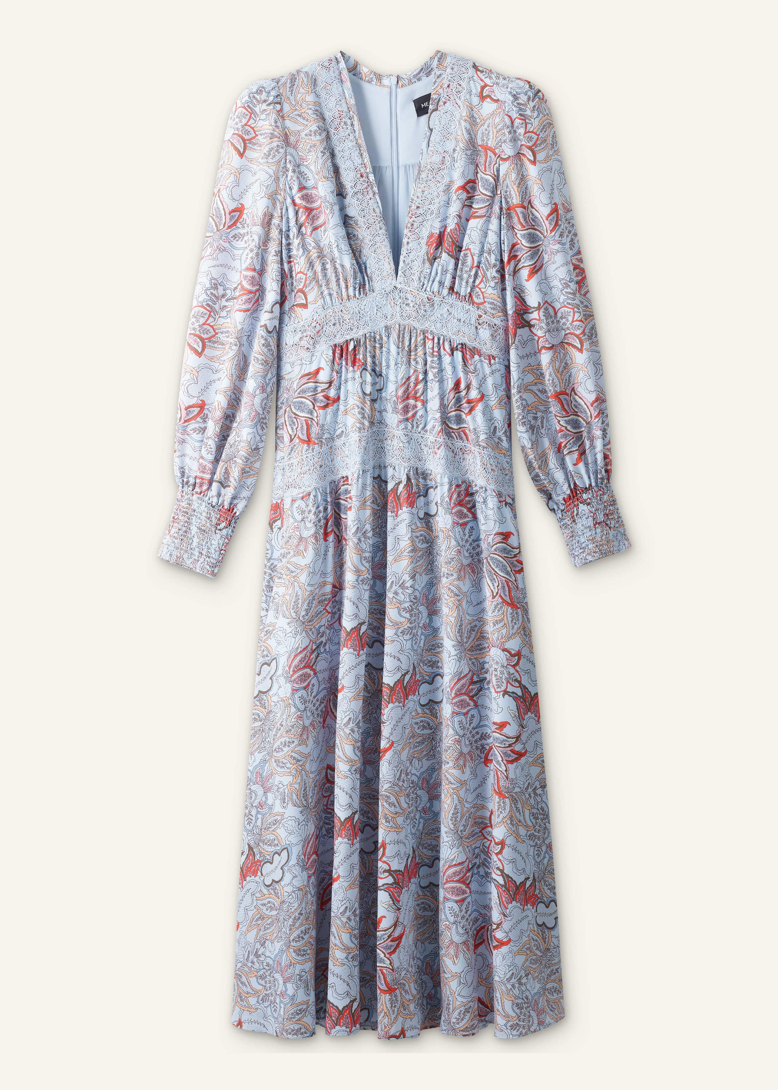 Blue Silk Delicate Paisley Print Fit + Flare Maxi Dress