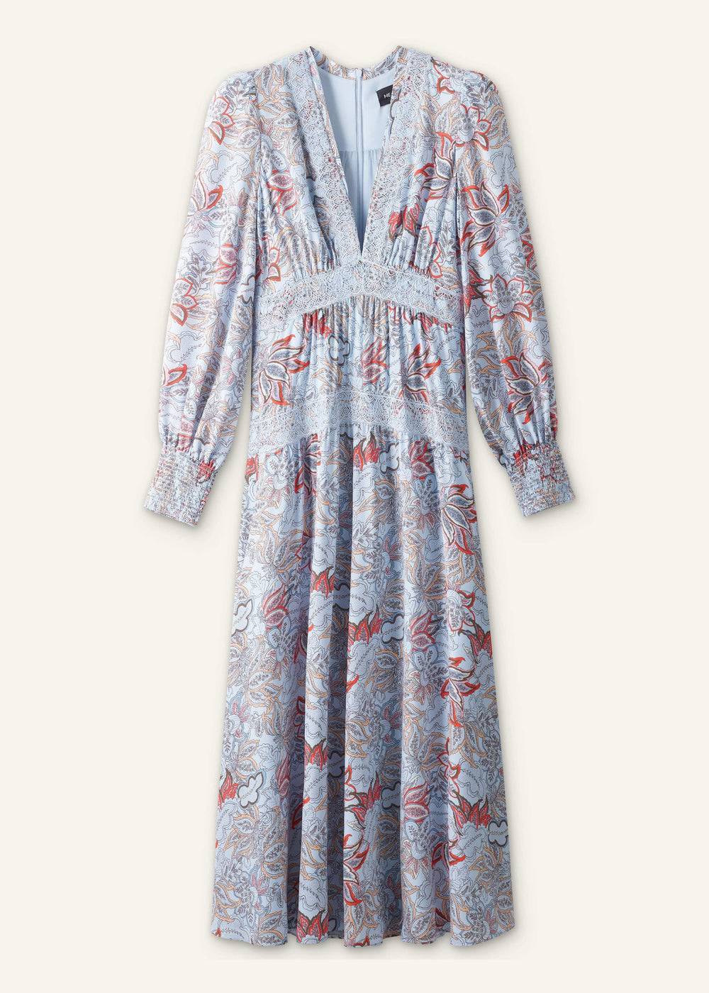 Blue Silk Delicate Paisley Print Fit + Flare Maxi Dress