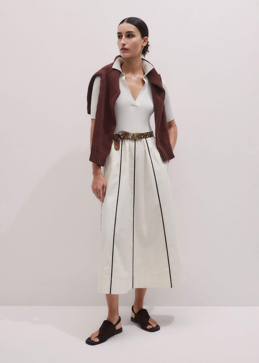 Cream Mixed Media Fit And Flare Midi Dress + Belt