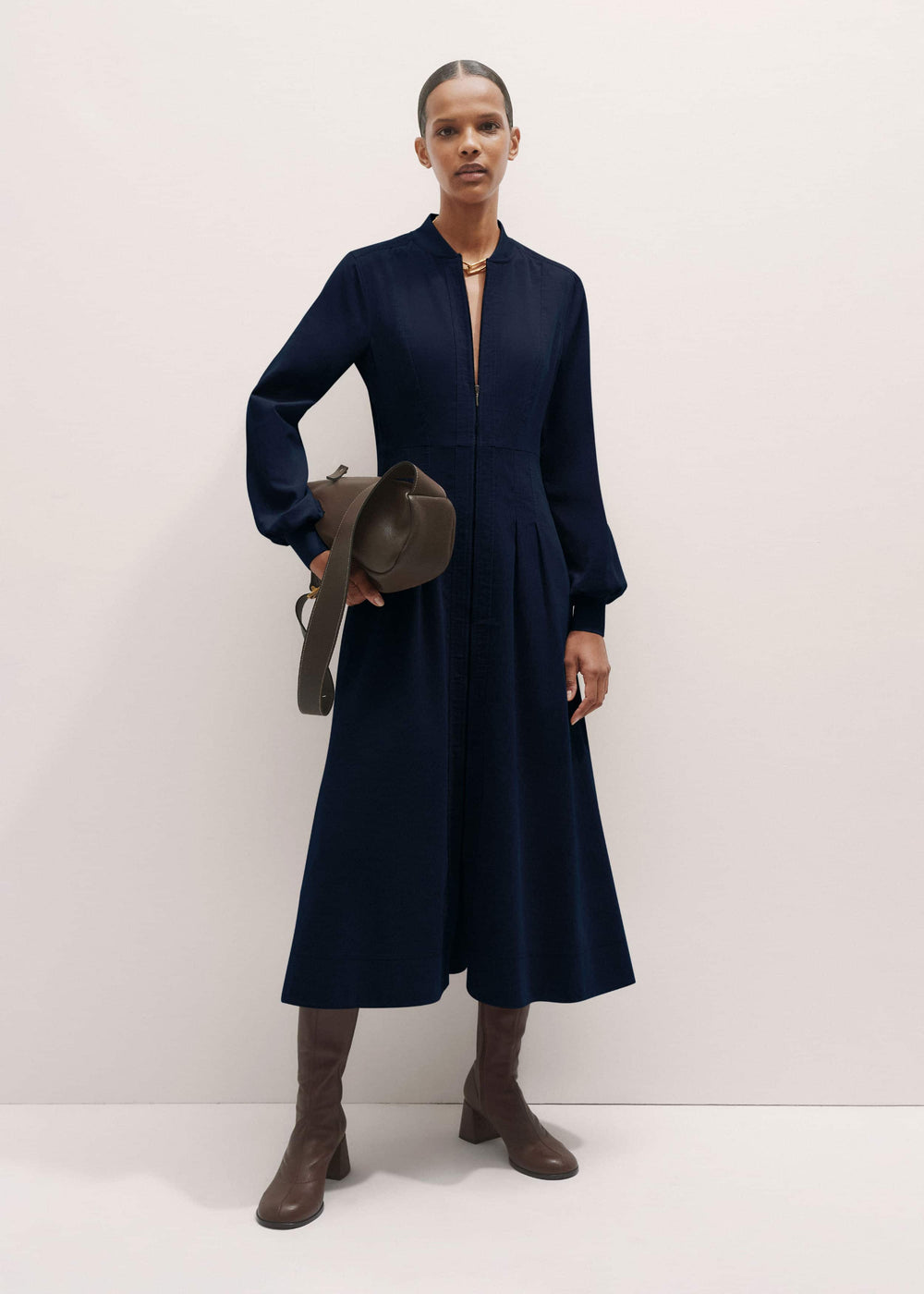 Navy Cotton Cord Pleated Midi Dress