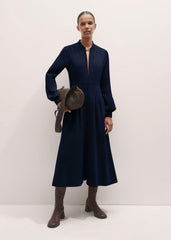 Navy Cotton Cord Pleated Midi Dress