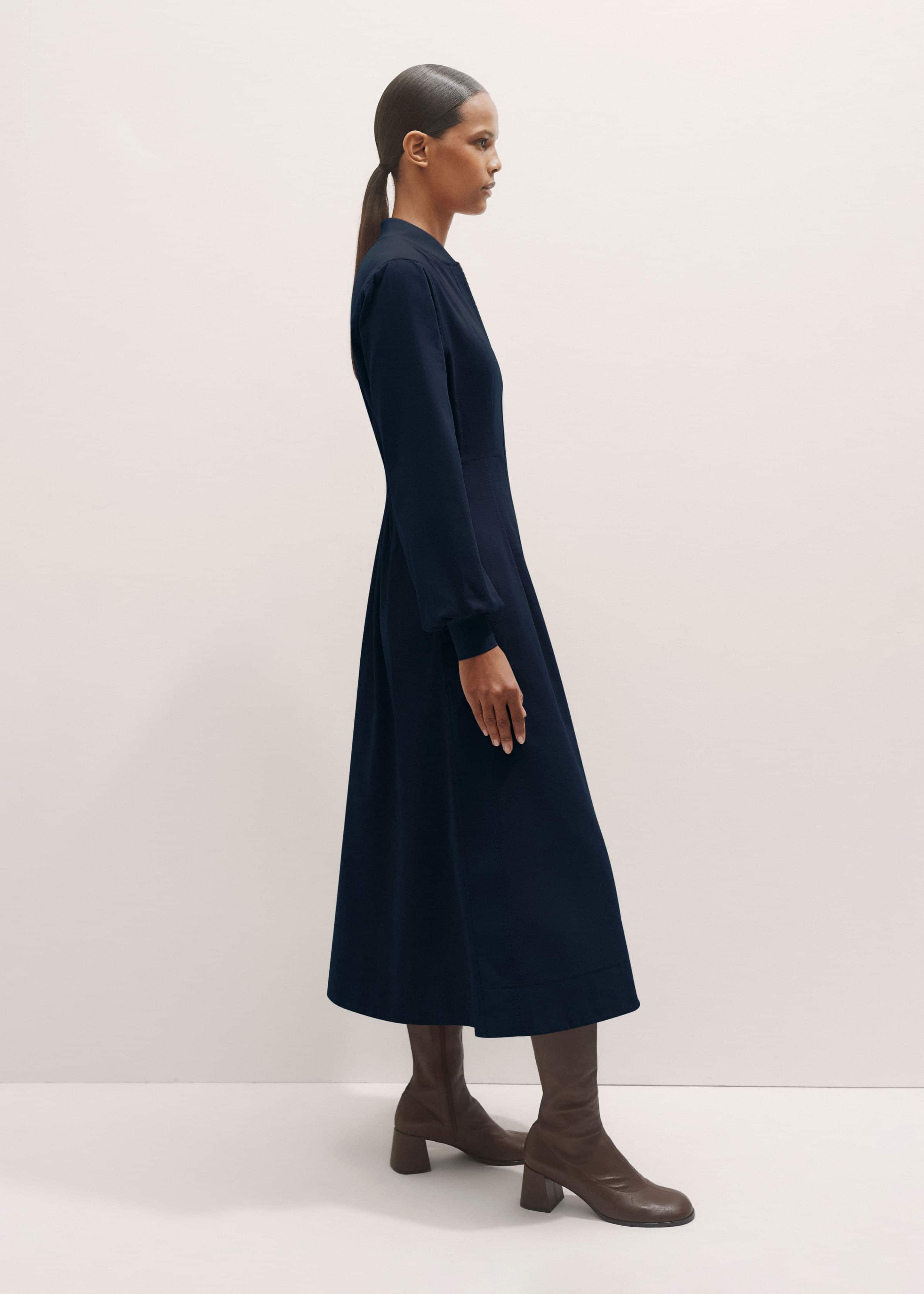 Navy Cotton Cord Pleated Midi Dress