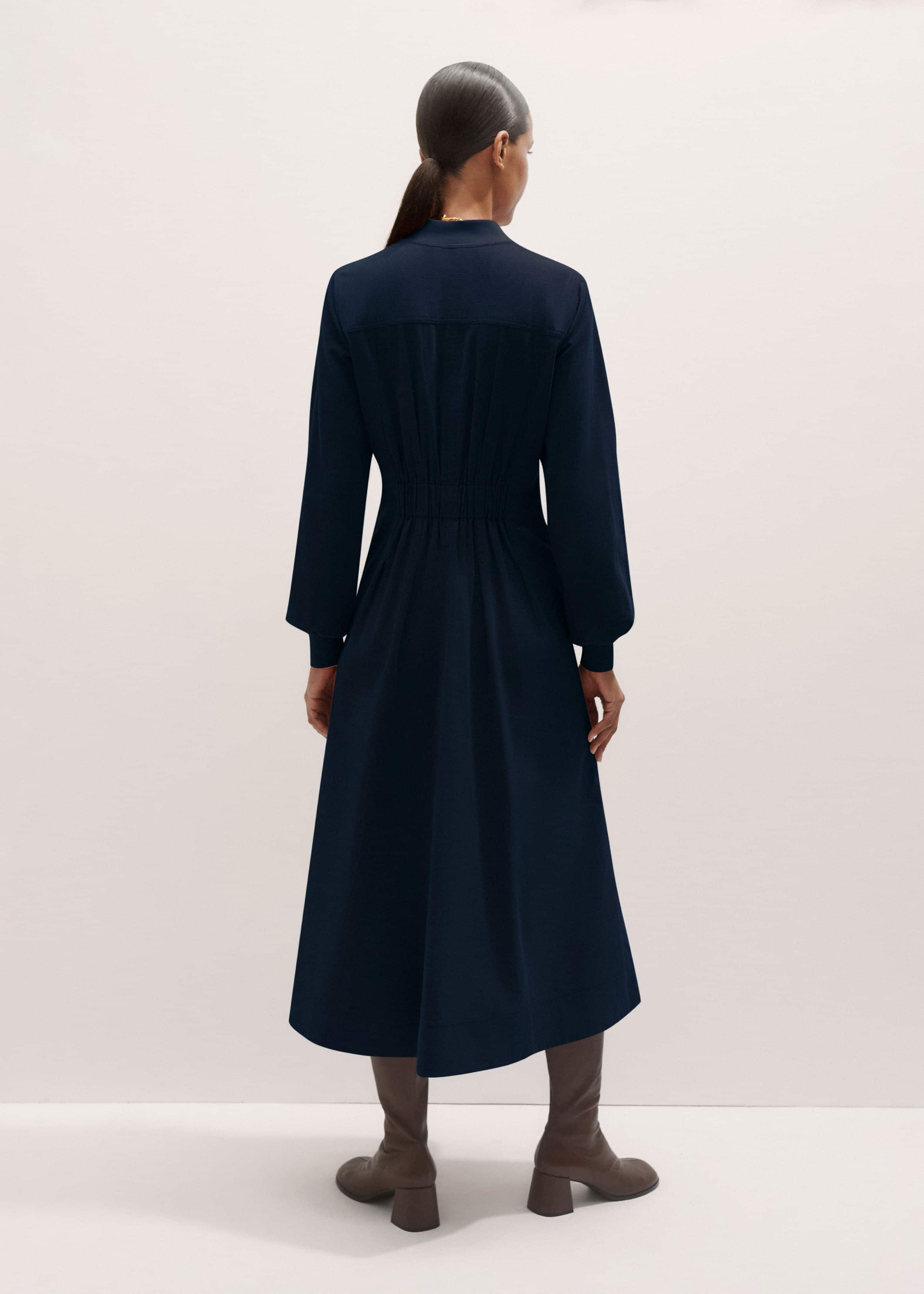Navy Cotton Cord Pleated Midi Dress