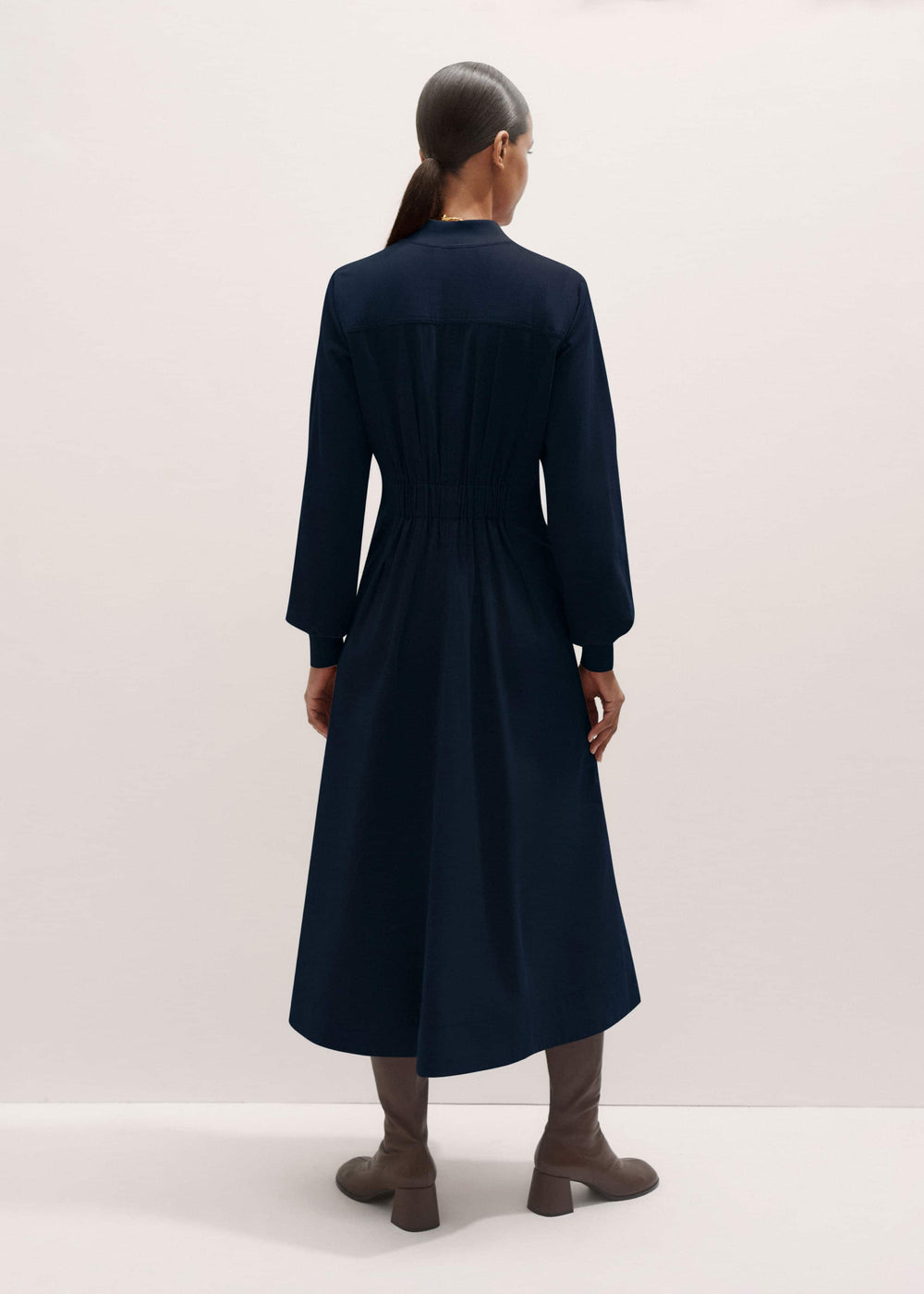 Navy Cotton Cord Pleated Midi Dress