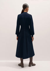 Navy Cotton Cord Pleated Midi Dress