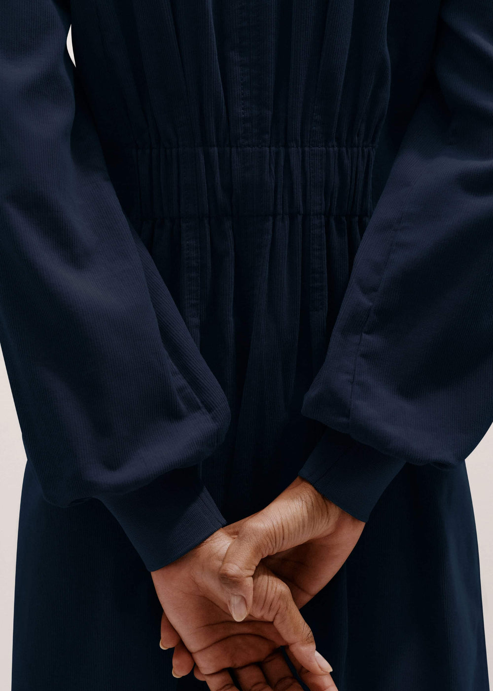 Navy Cotton Cord Pleated Midi Dress