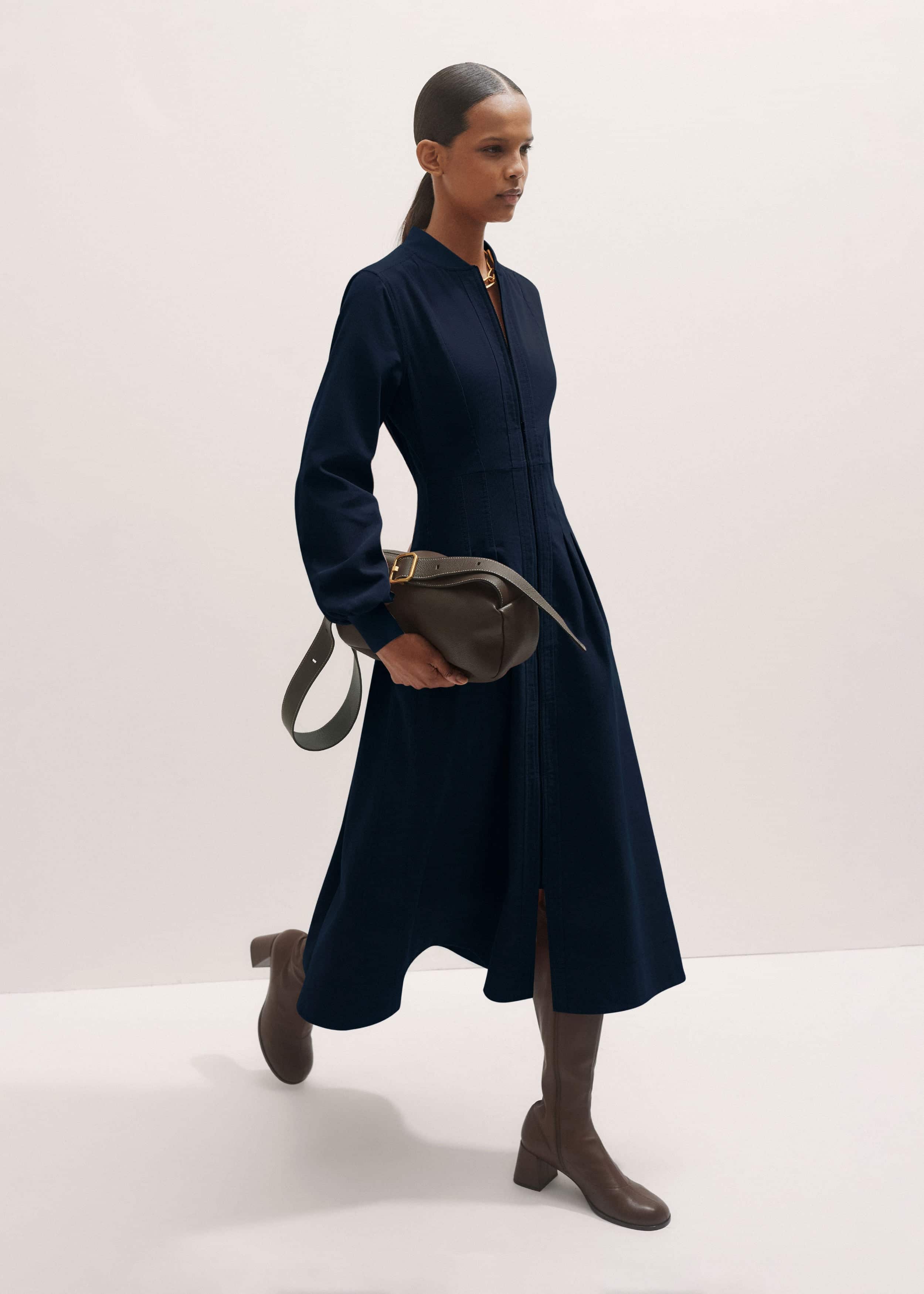Navy Cotton Cord Pleated Midi Dress