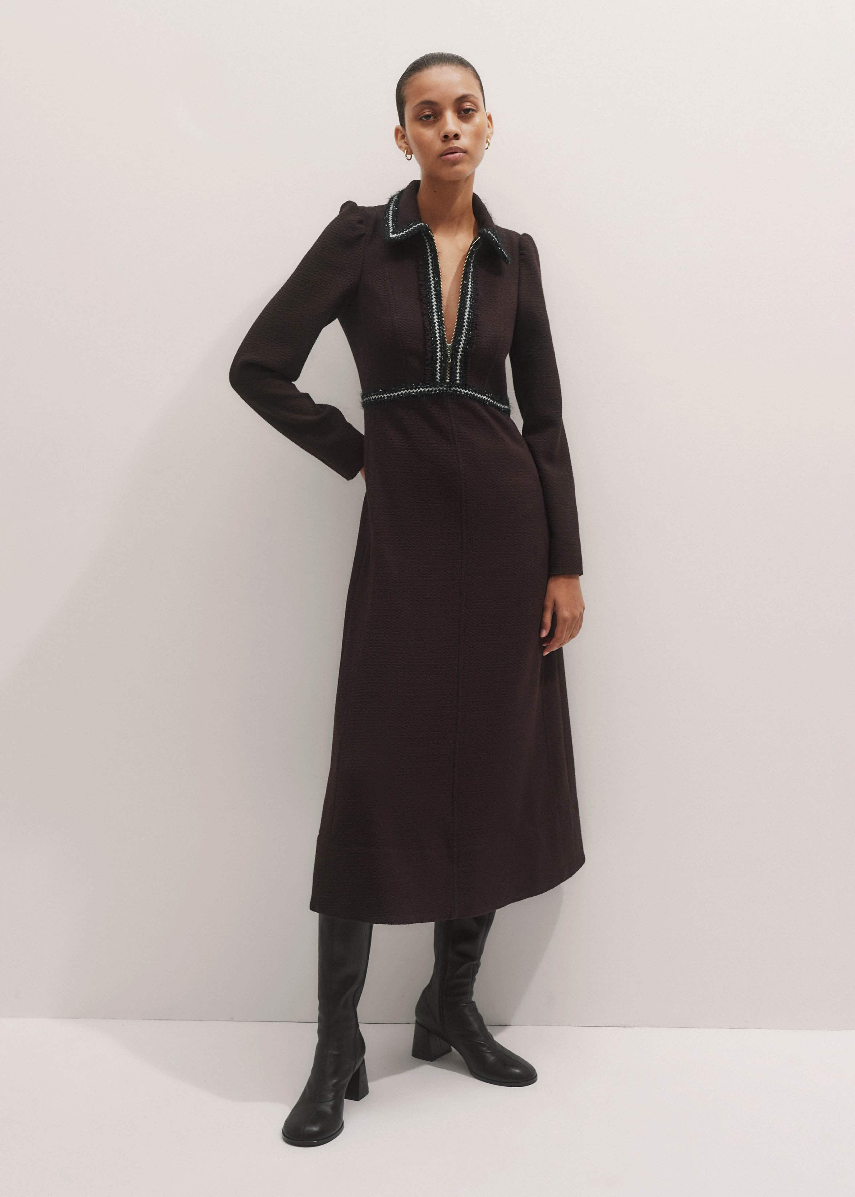 Brown Tweed Midi Dress