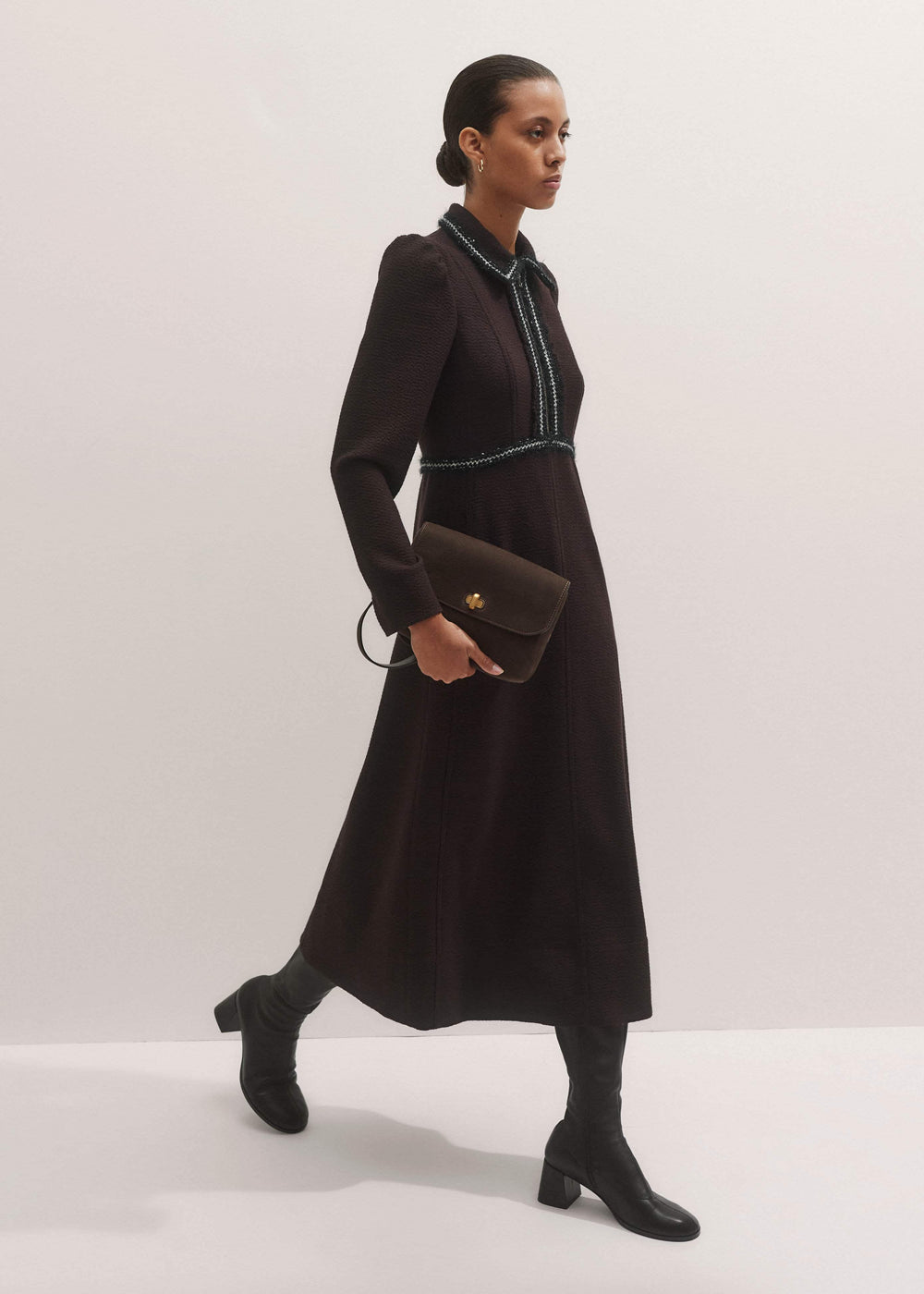 Brown Tweed Midi Dress