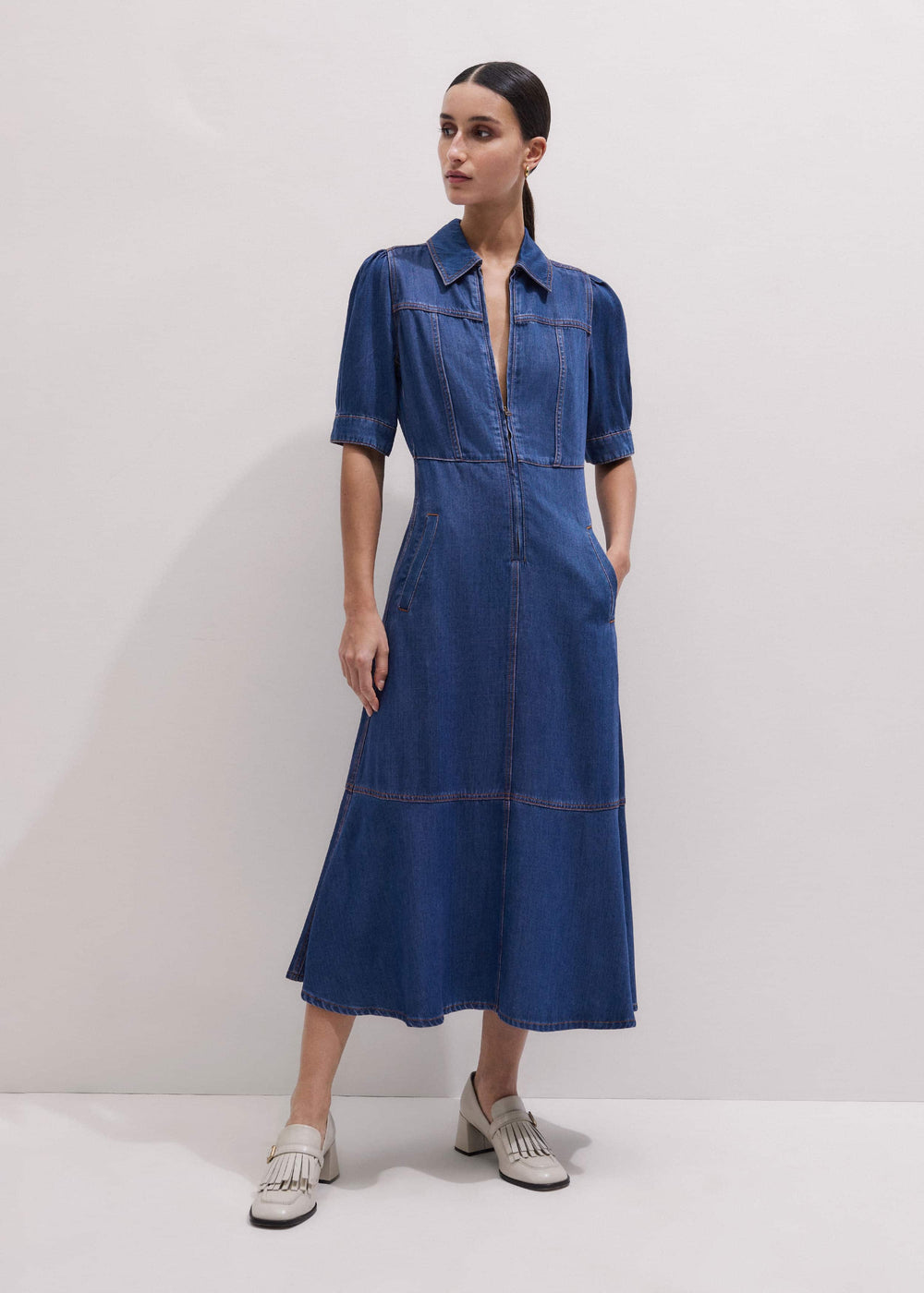 Blue Fluid Fit + Flare Midi Dress + Belt